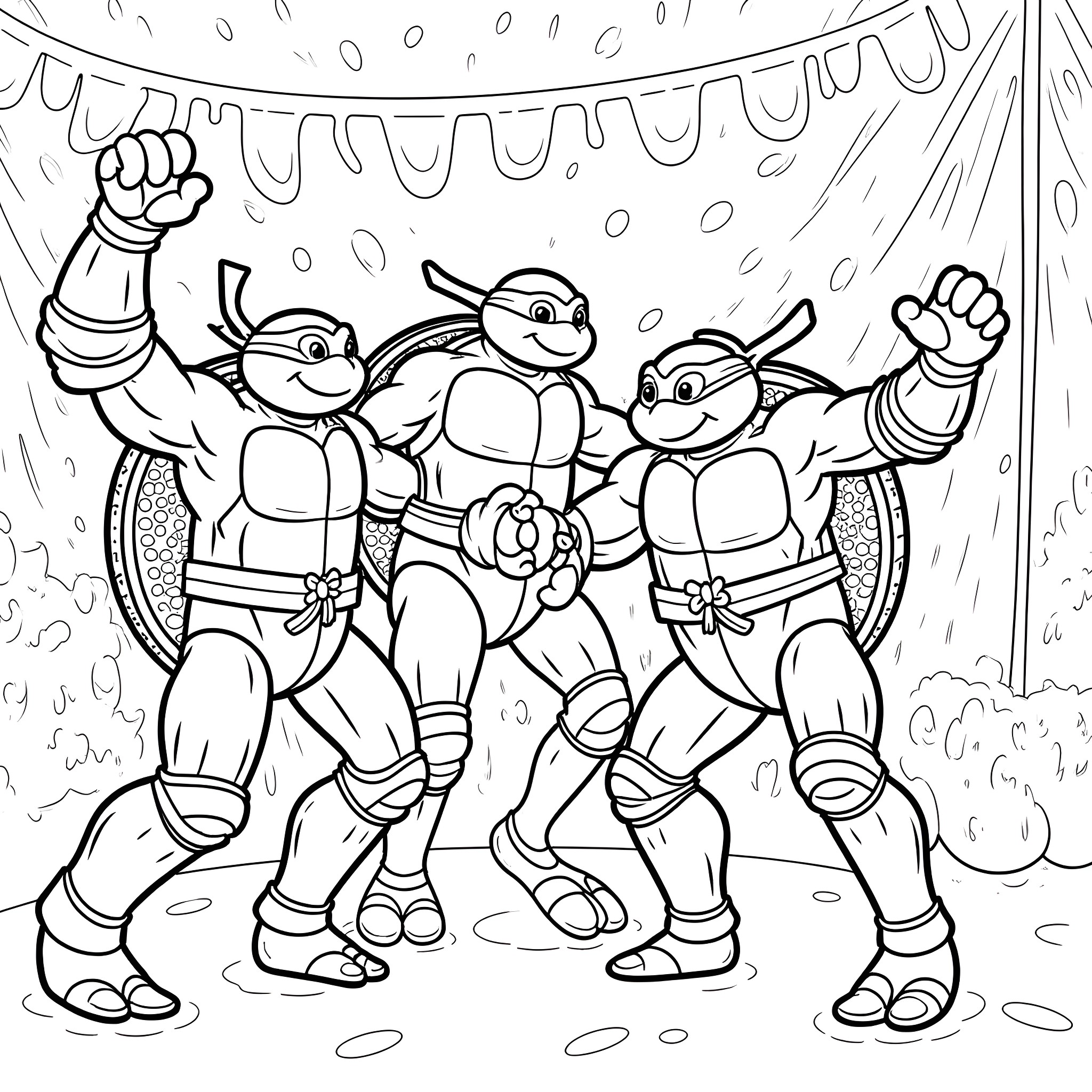 Teenage Mutant Ninja Turtles Celebrating Victory Coloring Page (free black-and-white line drawing printable PDF for all, from beginners to advanced learners, including children, teens, adults, and seniors)