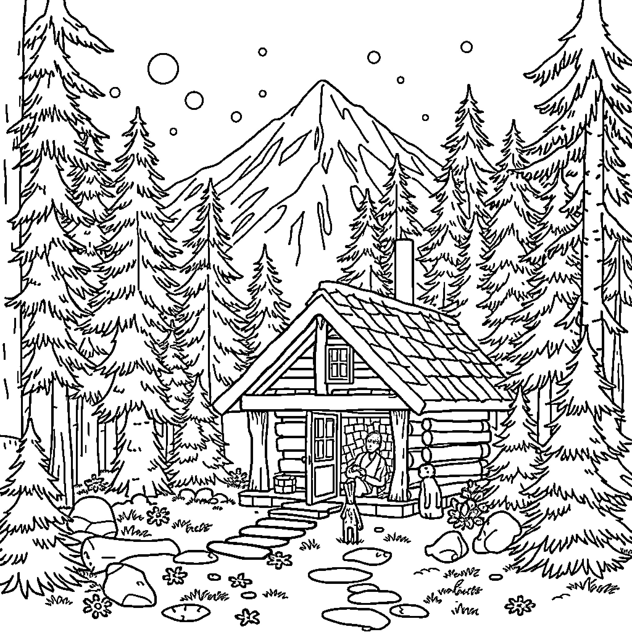 Cabin in the snowy forest landscape Coloring Page (free black-and-white line drawing printable PDF for all, from beginners to advanced learners, including children, teens, adults, and seniors)