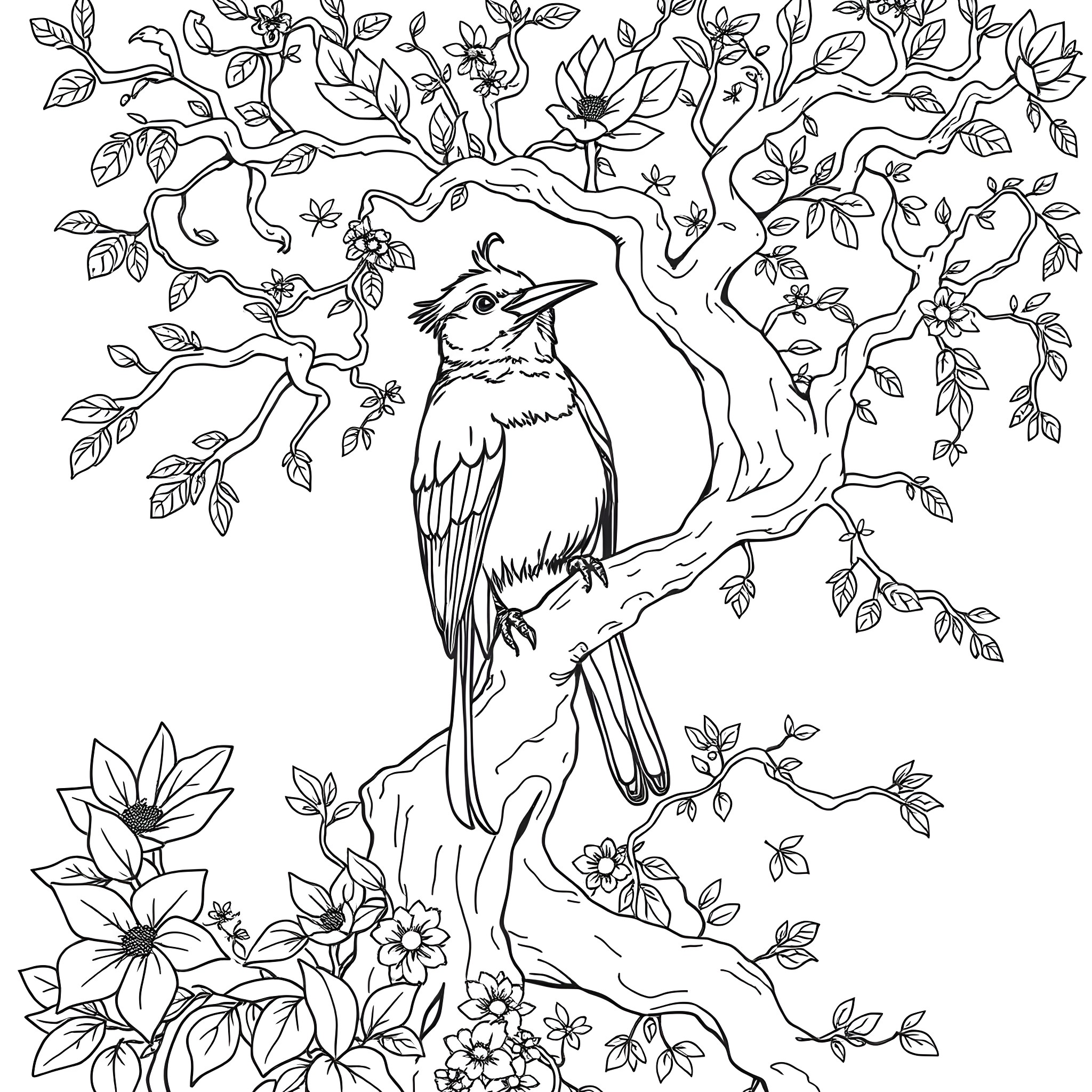 Passerina songbird perched on a flowery branch Coloring Page (free black-and-white line drawing printable PDF for all, from beginners to advanced learners, including children, teens, adults, and seniors)