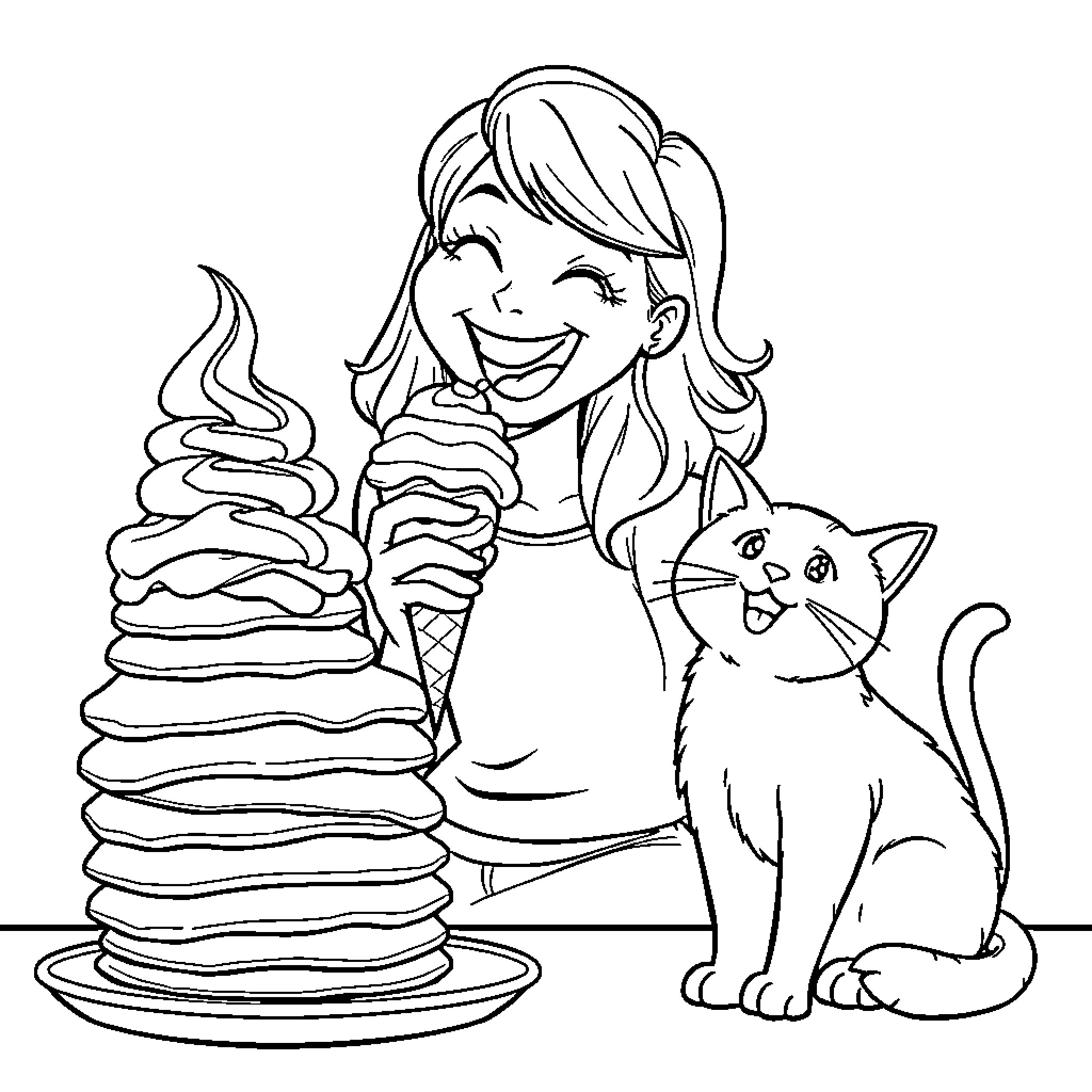 Lady Enjoys Ice Cream with Feline Friend Coloring Page (free black-and-white line drawing printable PDF for all, from beginners to advanced learners, including children, teens, adults, and seniors)