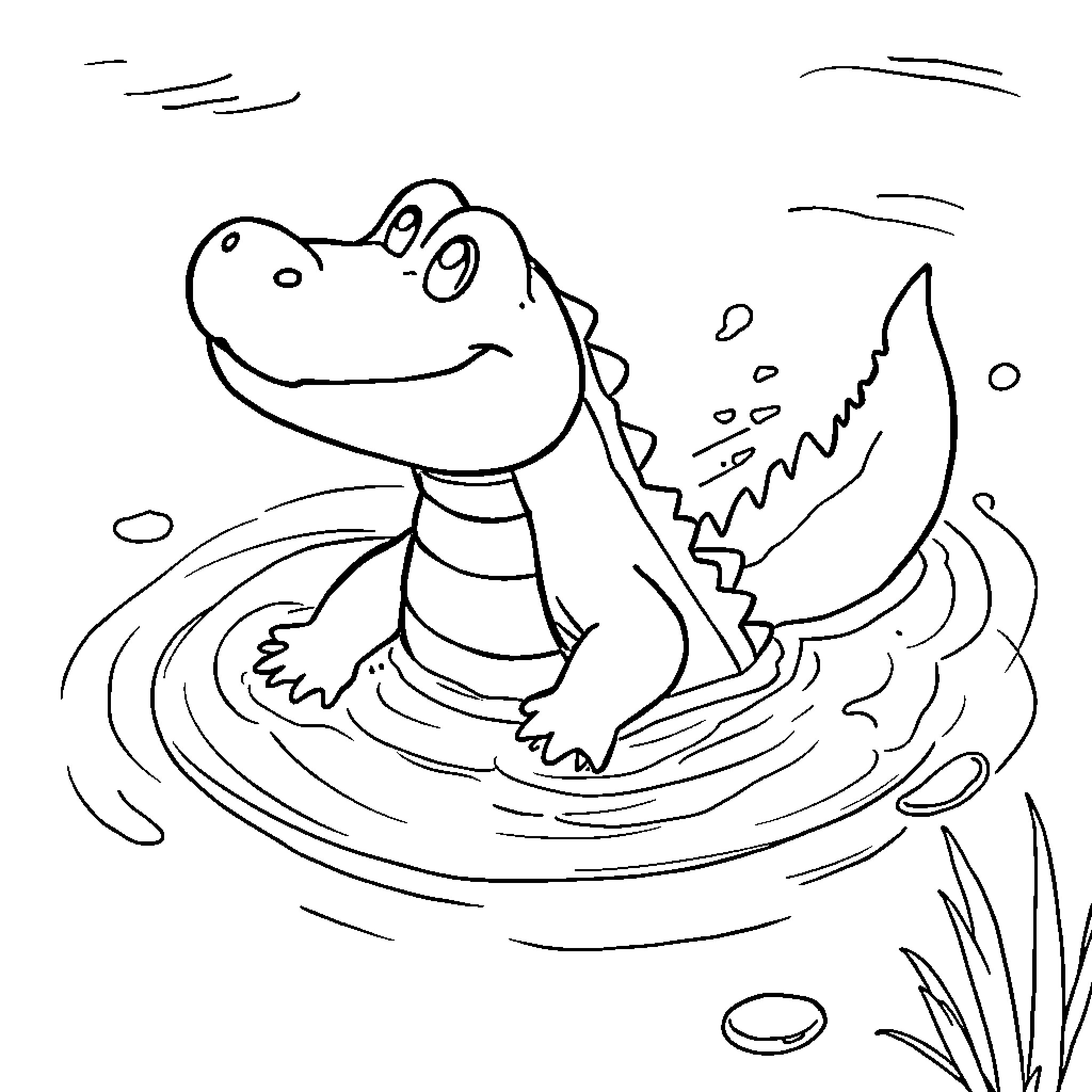 Totodile splashing happily in the water Coloring Page (free black-and-white line drawing printable PDF for all, from beginners to advanced learners, including children, teens, adults, and seniors)