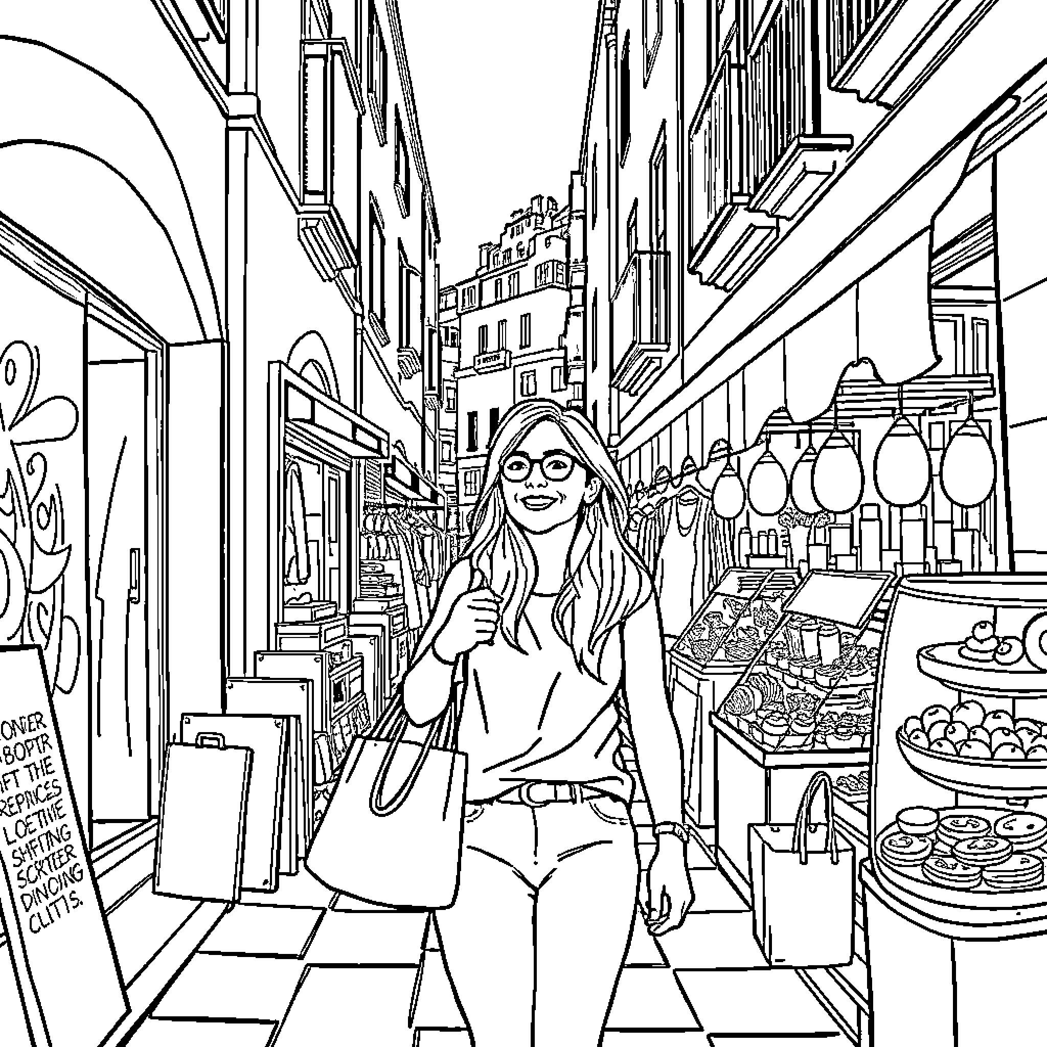 Wife walks through a bustling city street Coloring Page (free black-and-white line drawing printable PDF for all, from beginners to advanced learners, including children, teens, adults, and seniors)