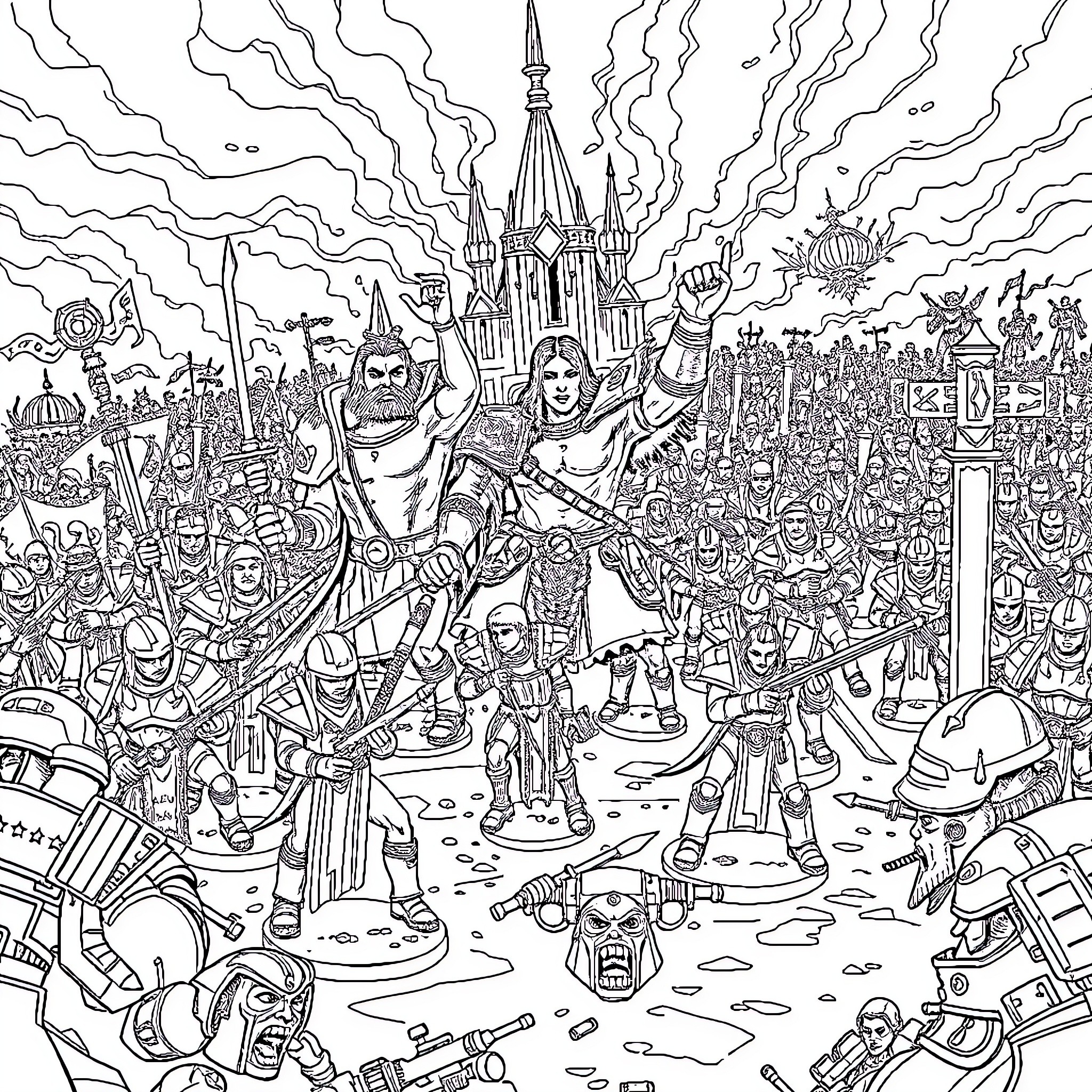 Warhammer: Epic Battle in the Fantastical City Coloring Page (free black-and-white line drawing printable PDF for all, from beginners to advanced learners, including children, teens, adults, and seniors)