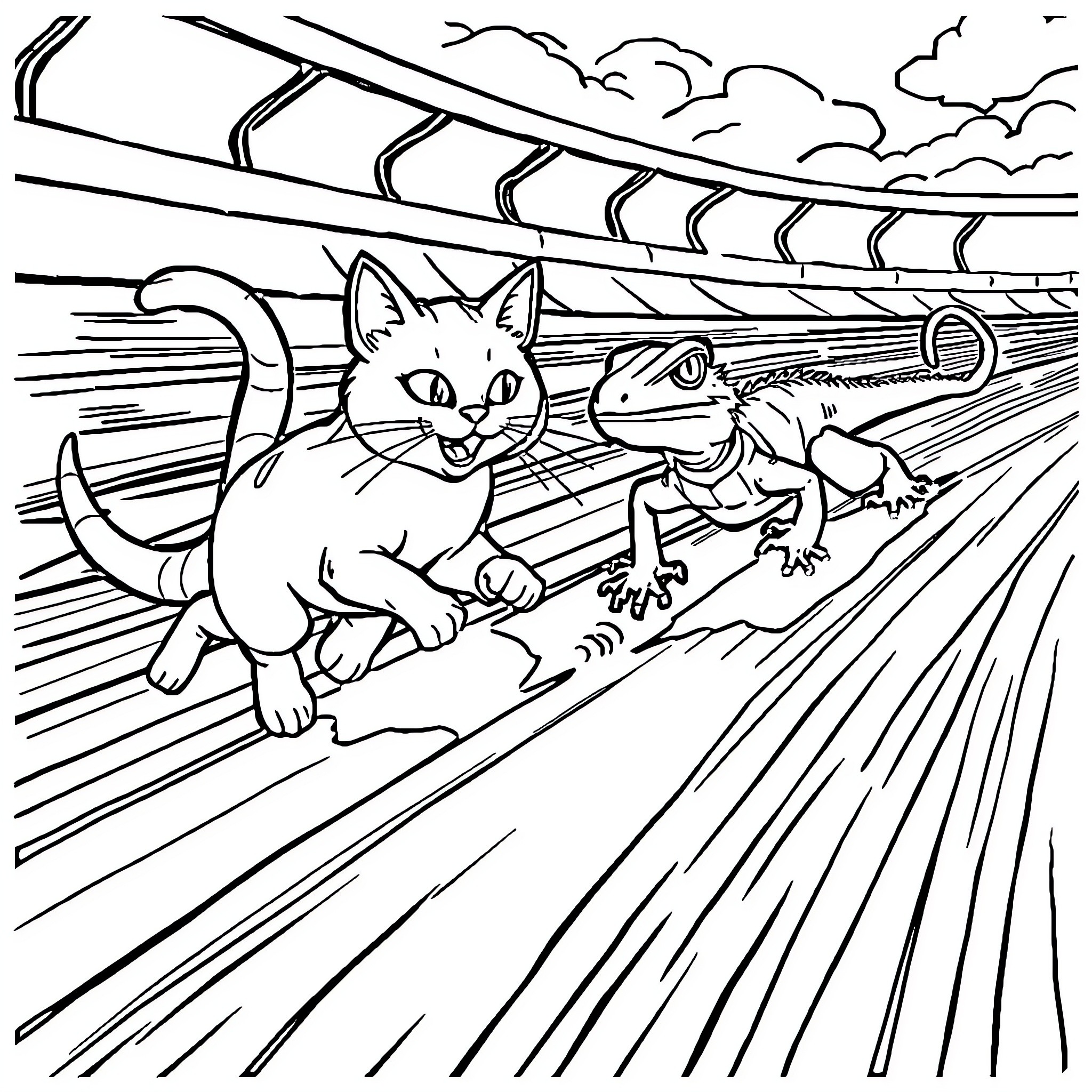 Cat chasing a lizard on a racing track Coloring Page (free black-and-white line drawing printable PDF for all, from beginners to advanced learners, including children, teens, adults, and seniors)