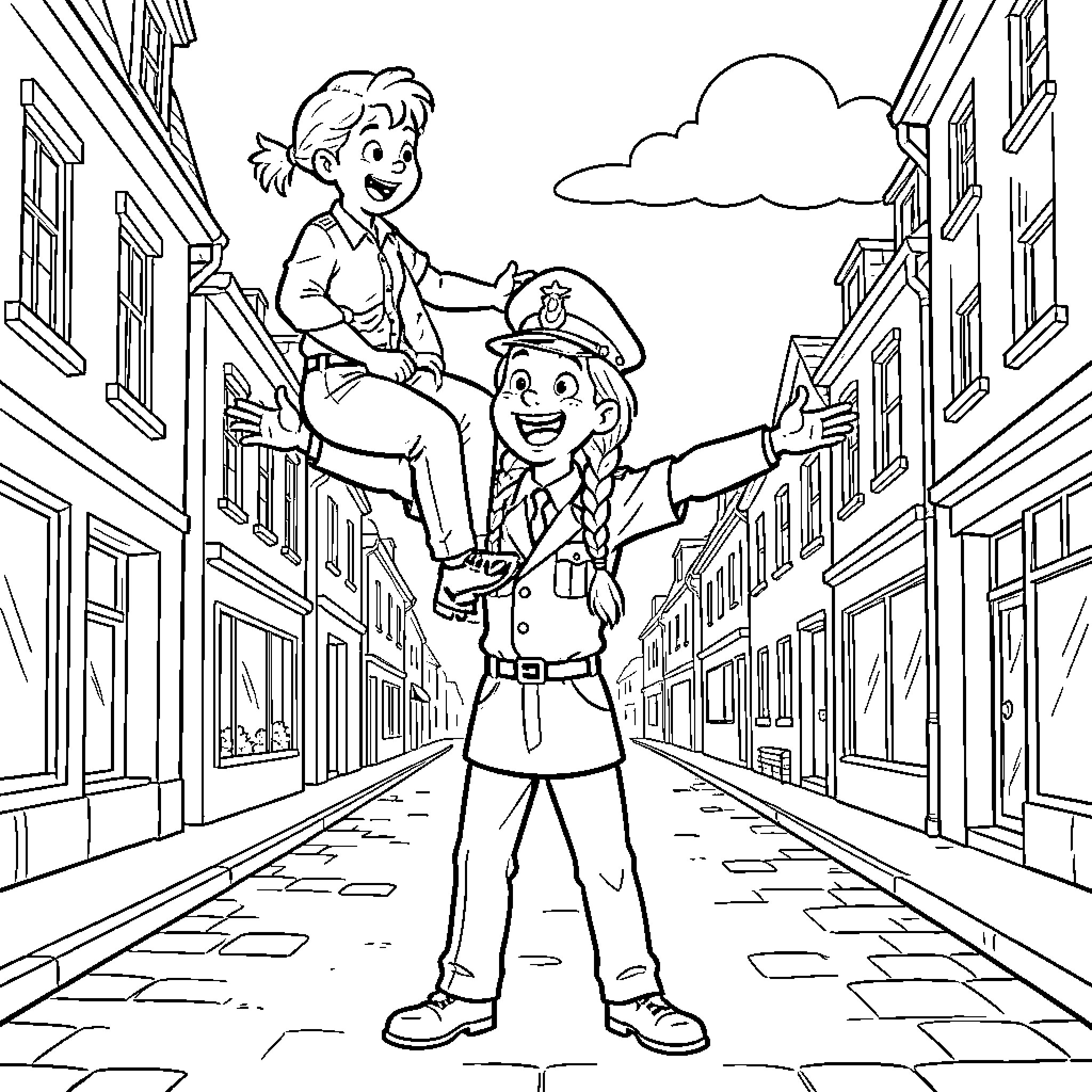 Pippi Langstrumpf's Lively Adventure in the Town Coloring Page (free black-and-white line drawing printable PDF for all, from beginners to advanced learners, including children, teens, adults, and seniors)