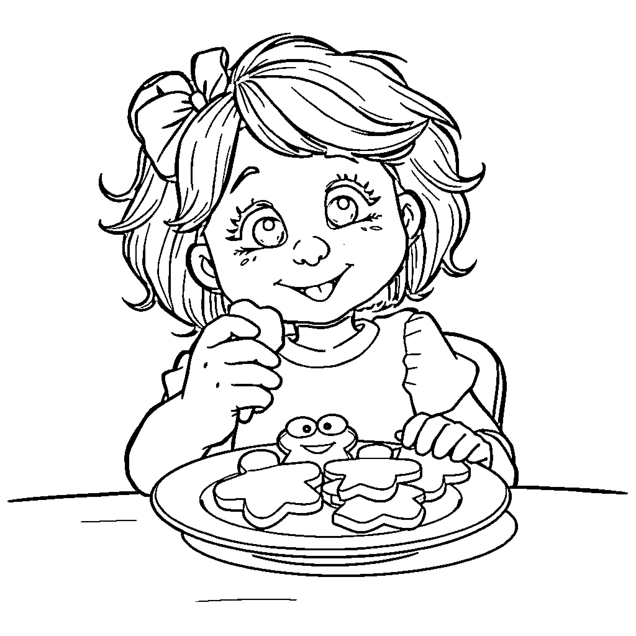 Racheal happily decorating gingerbread cookies Coloring Page (free black-and-white line drawing printable PDF for all, from beginners to advanced learners, including children, teens, adults, and seniors)