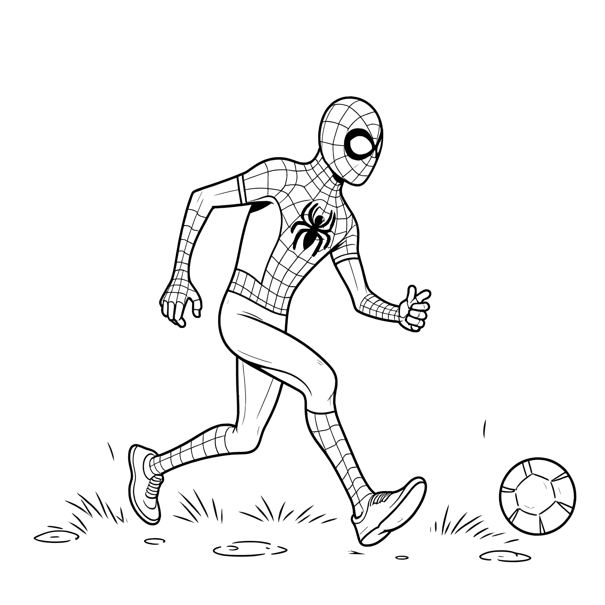 Spider-Man running and kicking soccer ball Coloring Page (free black-and-white line drawing printable PDF for all, from beginners to advanced learners, including children, teens, adults, and seniors)