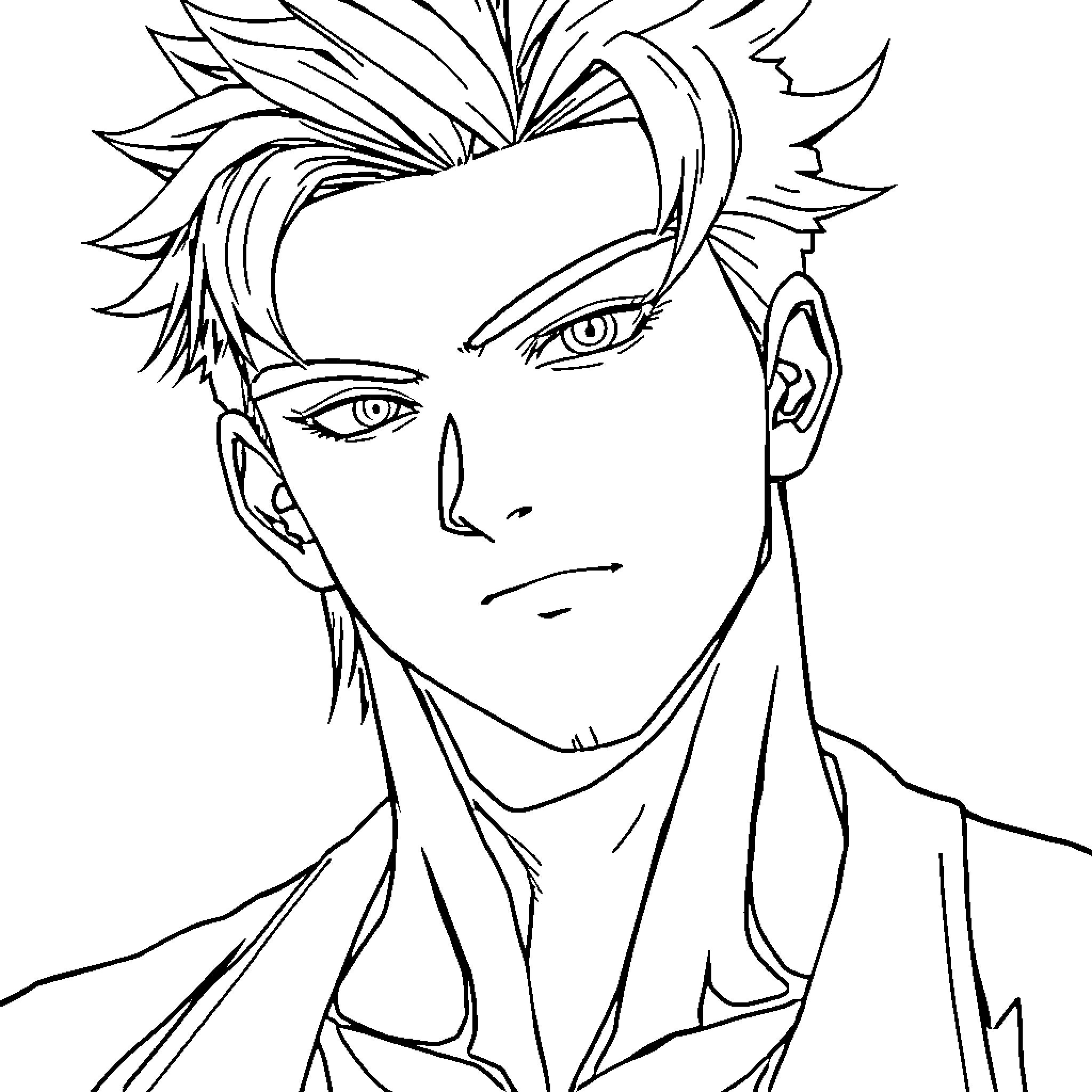 Anime Guy with intense gaze and messy hair Coloring Page (free black-and-white line drawing printable PDF for all, from beginners to advanced learners, including children, teens, adults, and seniors)
