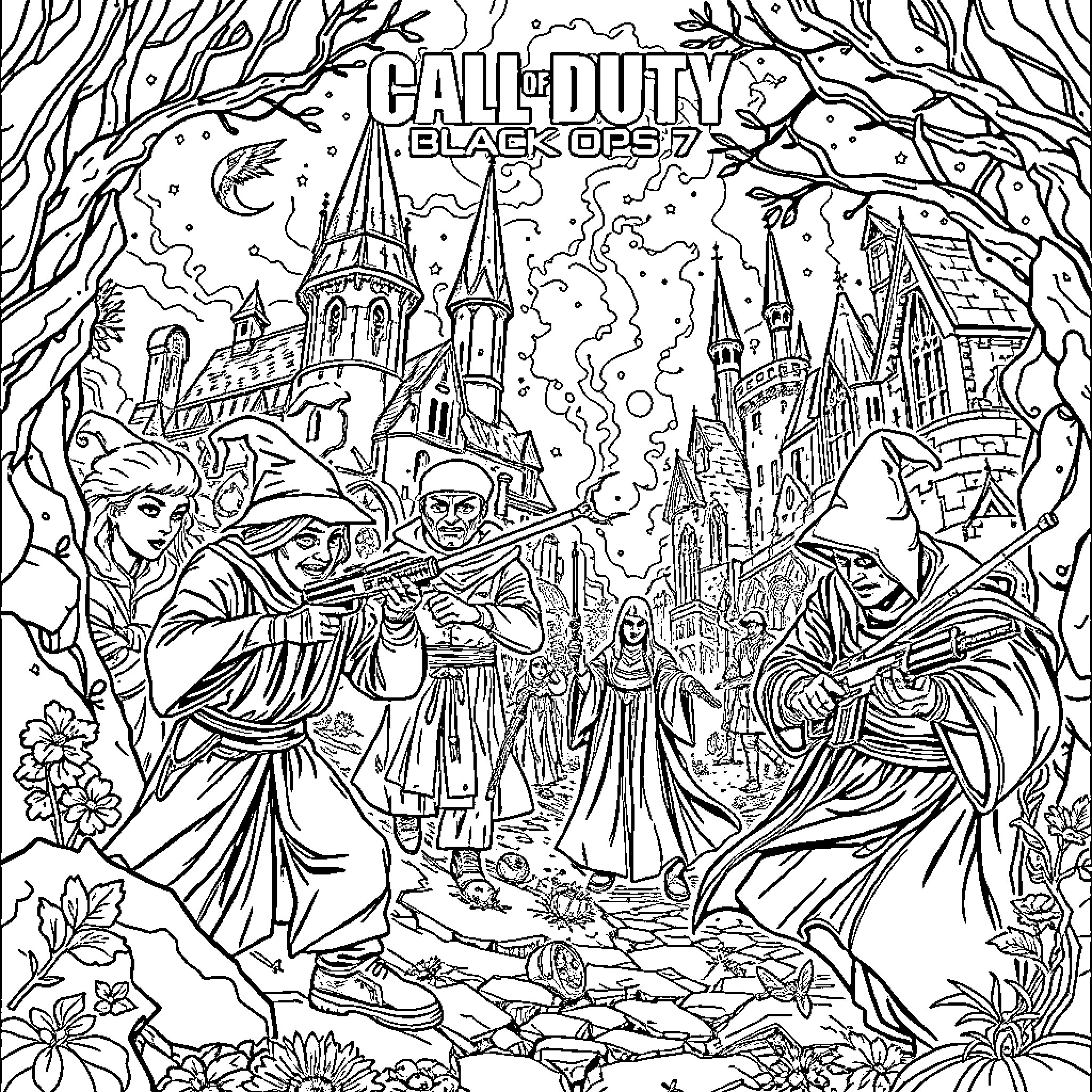 Call of Duty: Black Ops 7 - Magical Fantasy Adventure Coloring Page (free black-and-white line drawing printable PDF for all, from beginners to advanced learners, including children, teens, adults, and seniors)