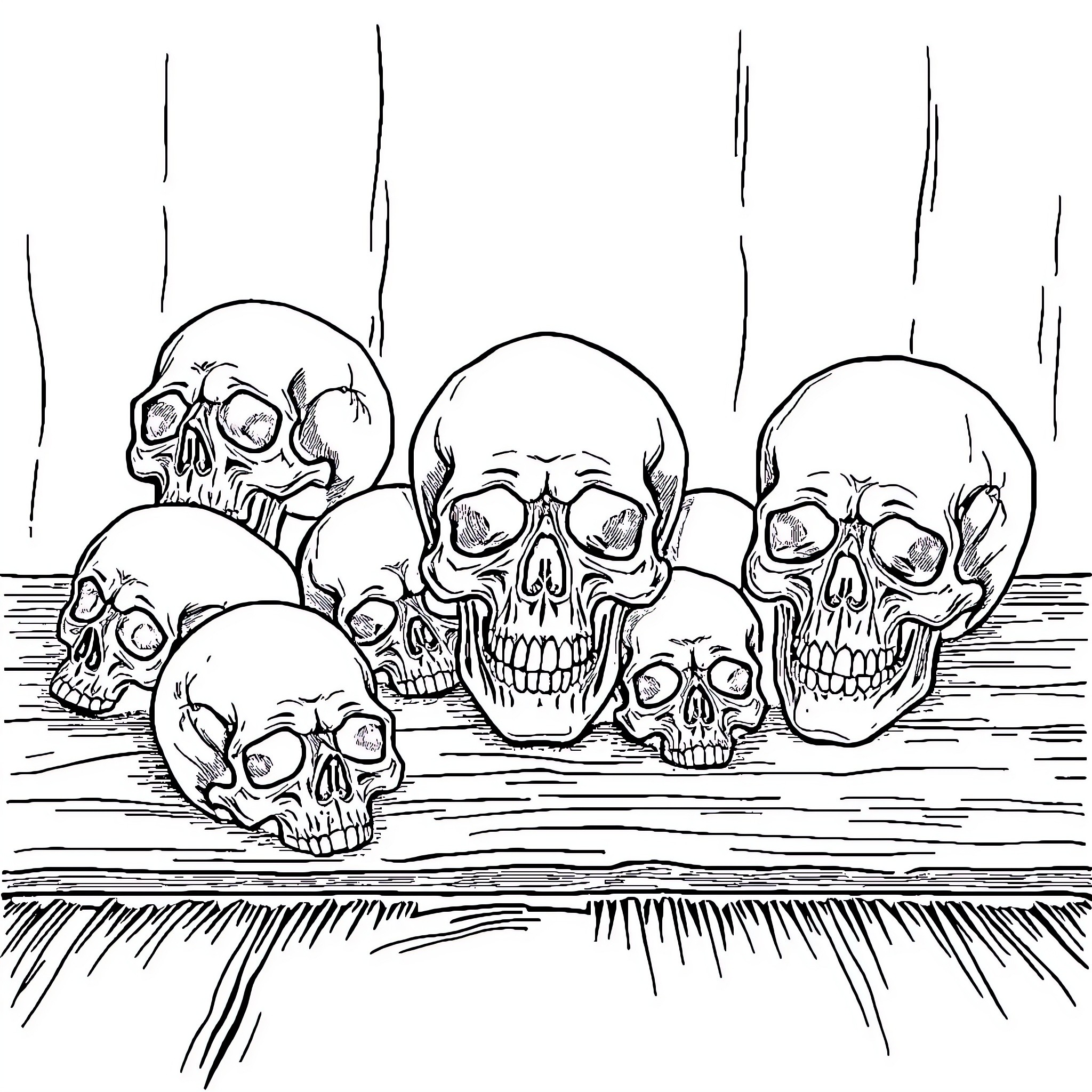Skull cluster with varied expressions Coloring Page (free black-and-white line drawing printable PDF for all, from beginners to advanced learners, including children, teens, adults, and seniors)