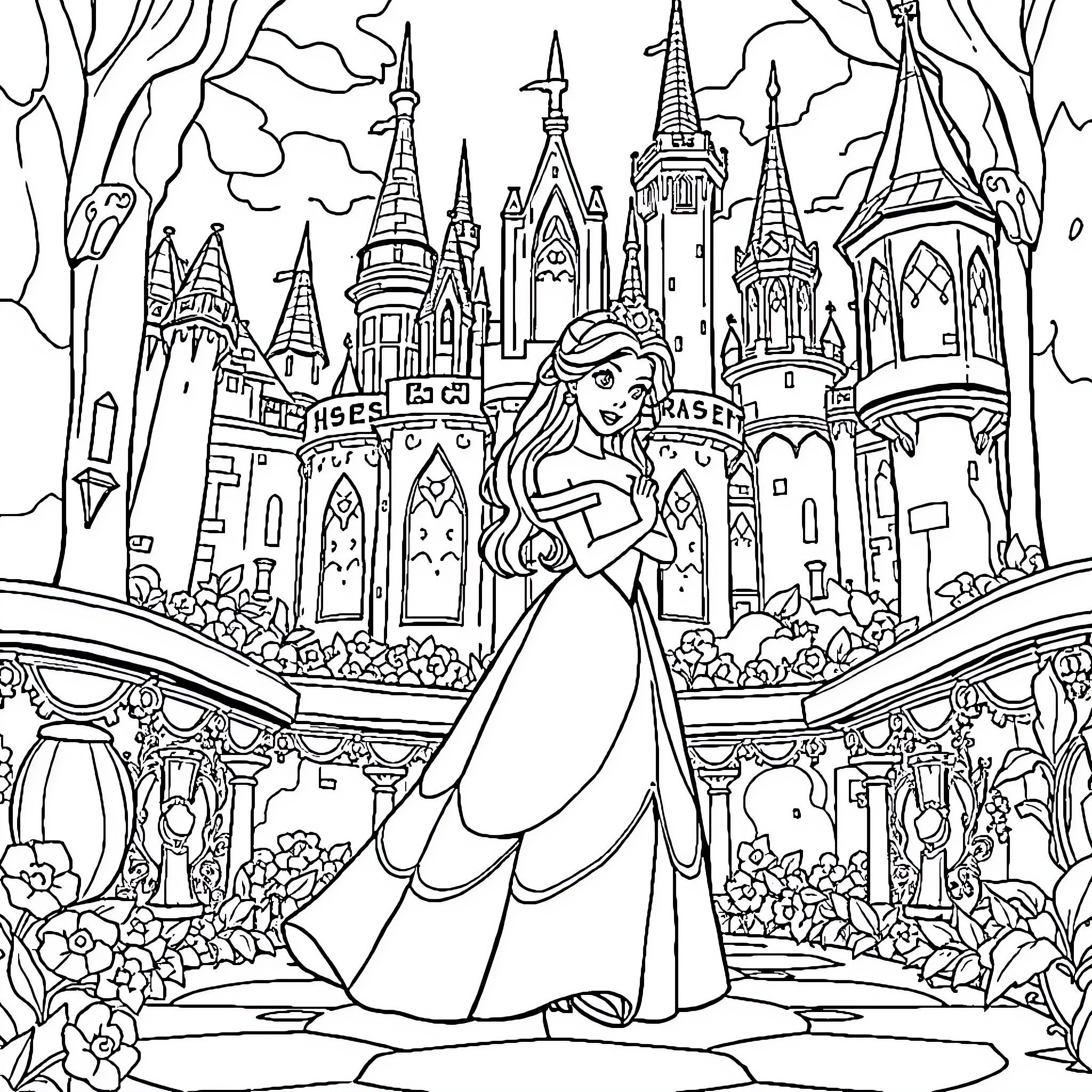 Belle in a Magical Kingdom Coloring Page (free black-and-white line drawing printable PDF for all, from beginners to advanced learners, including children, teens, adults, and seniors)