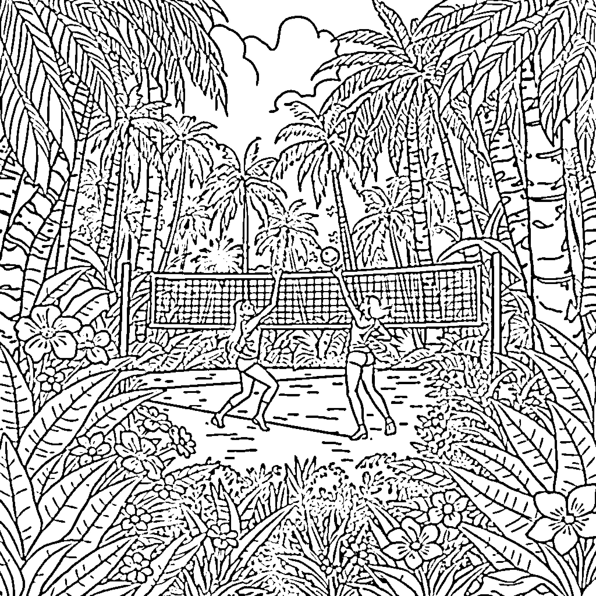 Volleyball game in tropical jungle setting Coloring Page (free black-and-white line drawing printable PDF for all, from beginners to advanced learners, including children, teens, adults, and seniors)