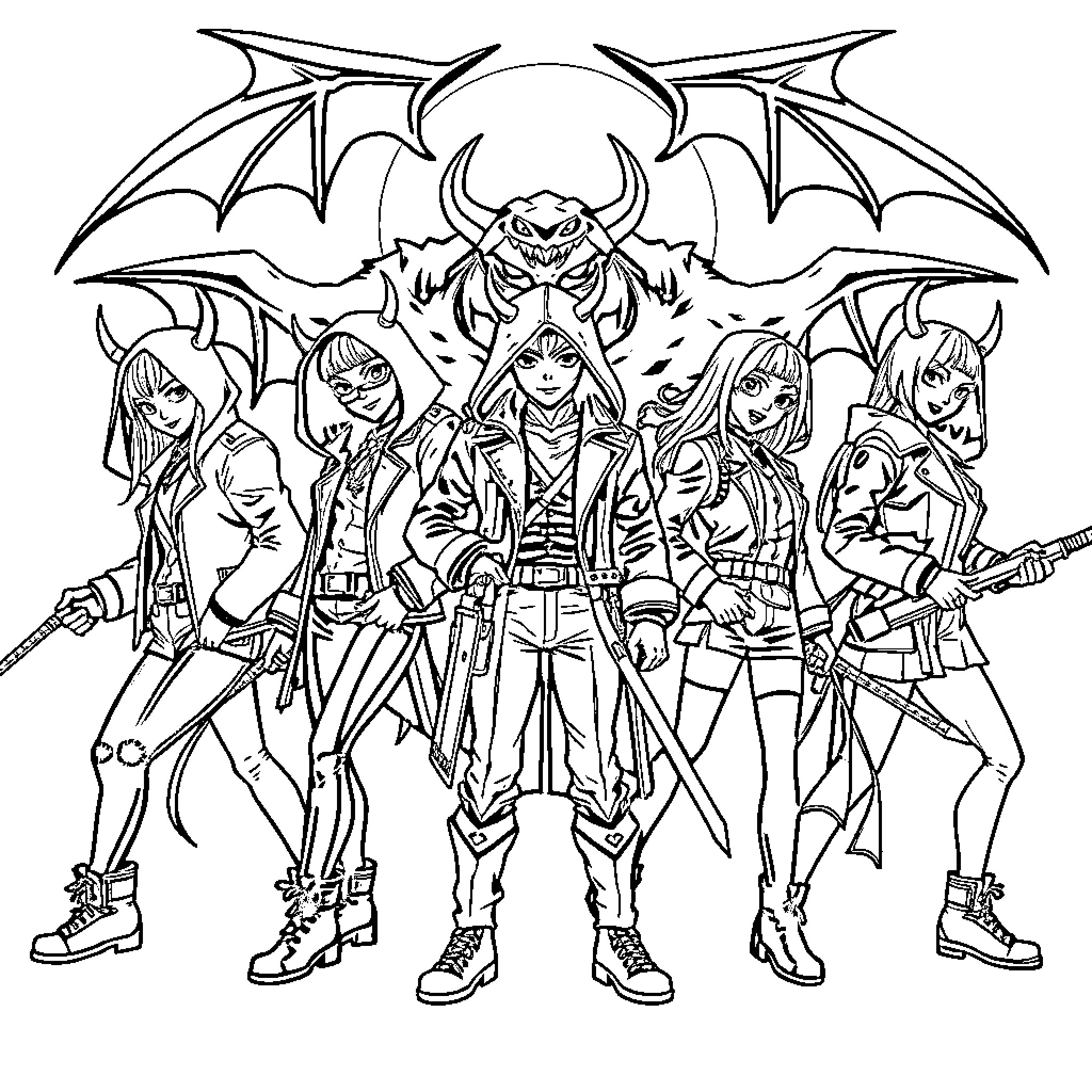 Demon Hunter Warrior Team with Fierce Expressions Coloring Page (free black-and-white line drawing printable PDF for all, from beginners to advanced learners, including children, teens, adults, and seniors)