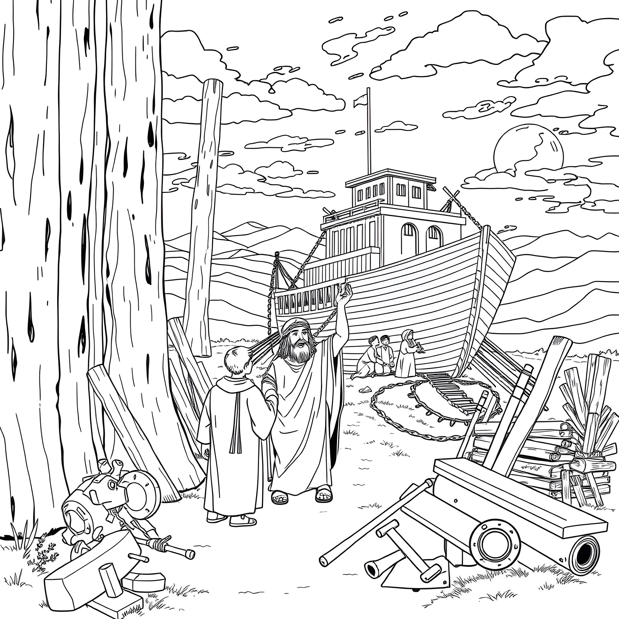 Noah Builds the Ark Amidst the Storm Coloring Page (free black-and-white line drawing printable PDF for all, from beginners to advanced learners, including children, teens, adults, and seniors)