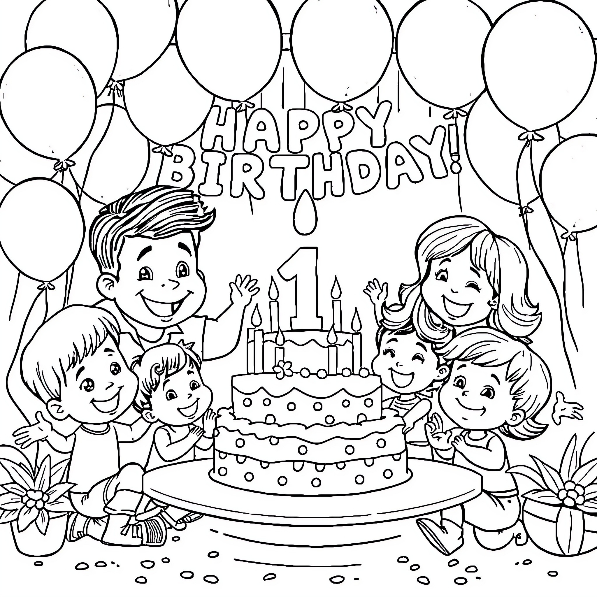 Birthday Celebration with Friends and Cake Coloring Page (free black-and-white line drawing printable PDF for all, from beginners to advanced learners, including children, teens, adults, and seniors)