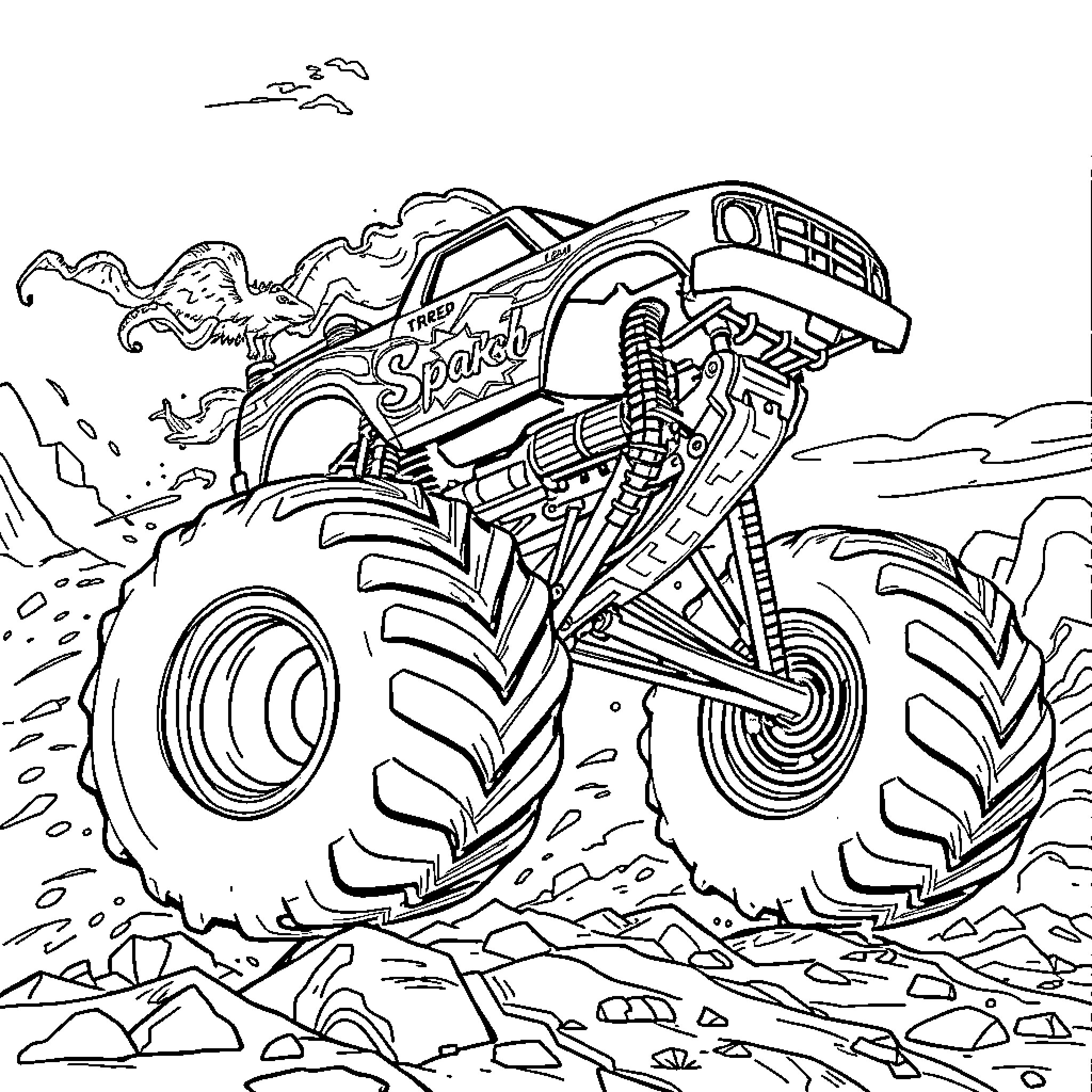 Monster Truck Thrilling Off-Road Adventure Coloring Page (free black-and-white line drawing printable PDF for all, from beginners to advanced learners, including children, teens, adults, and seniors)