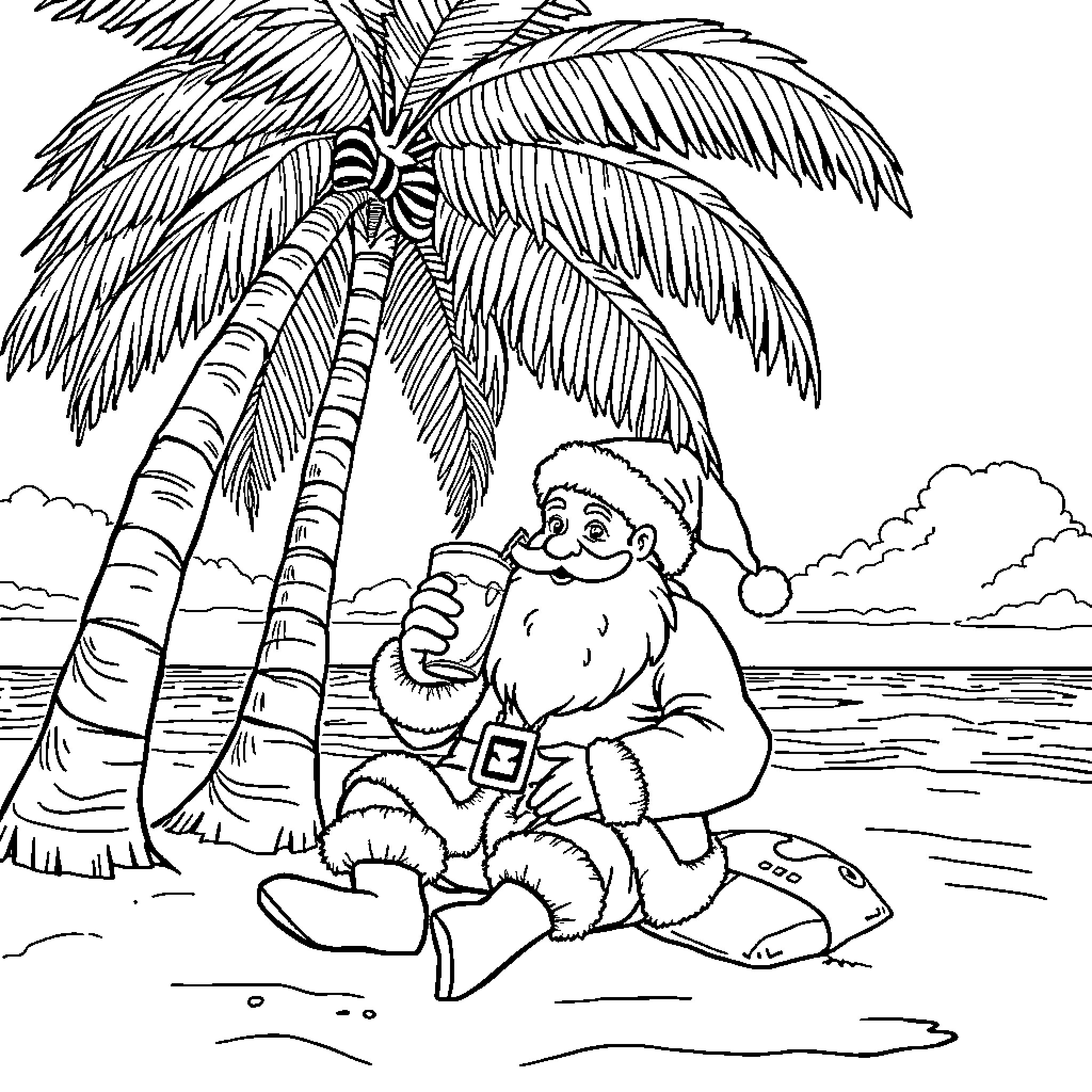 Santa relaxing on the beach under palm trees Coloring Page (free black-and-white line drawing printable PDF for all, from beginners to advanced learners, including children, teens, adults, and seniors)