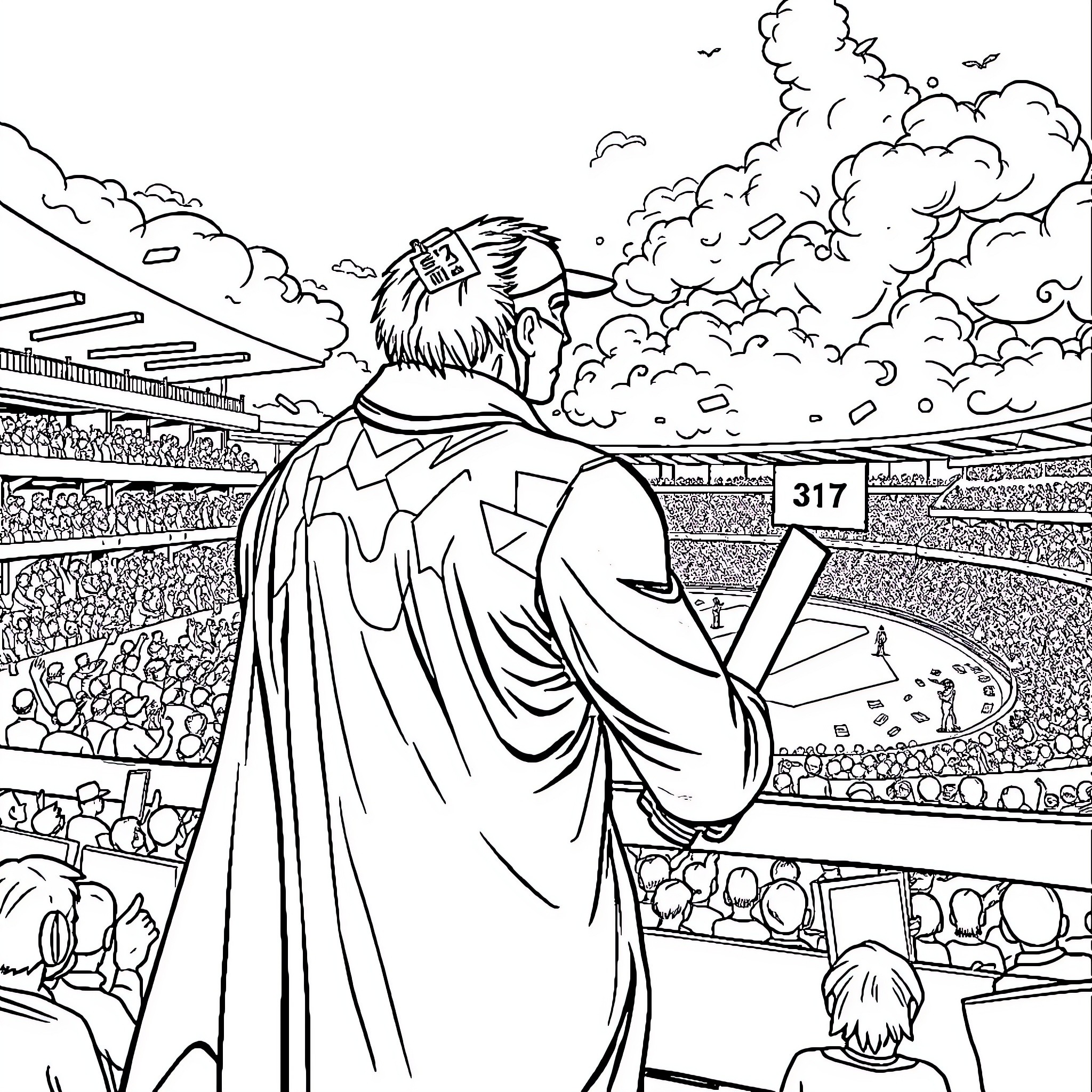 Superhero in Action at the Stadium Coloring Page (free black-and-white line drawing printable PDF for all, from beginners to advanced learners, including children, teens, adults, and seniors)