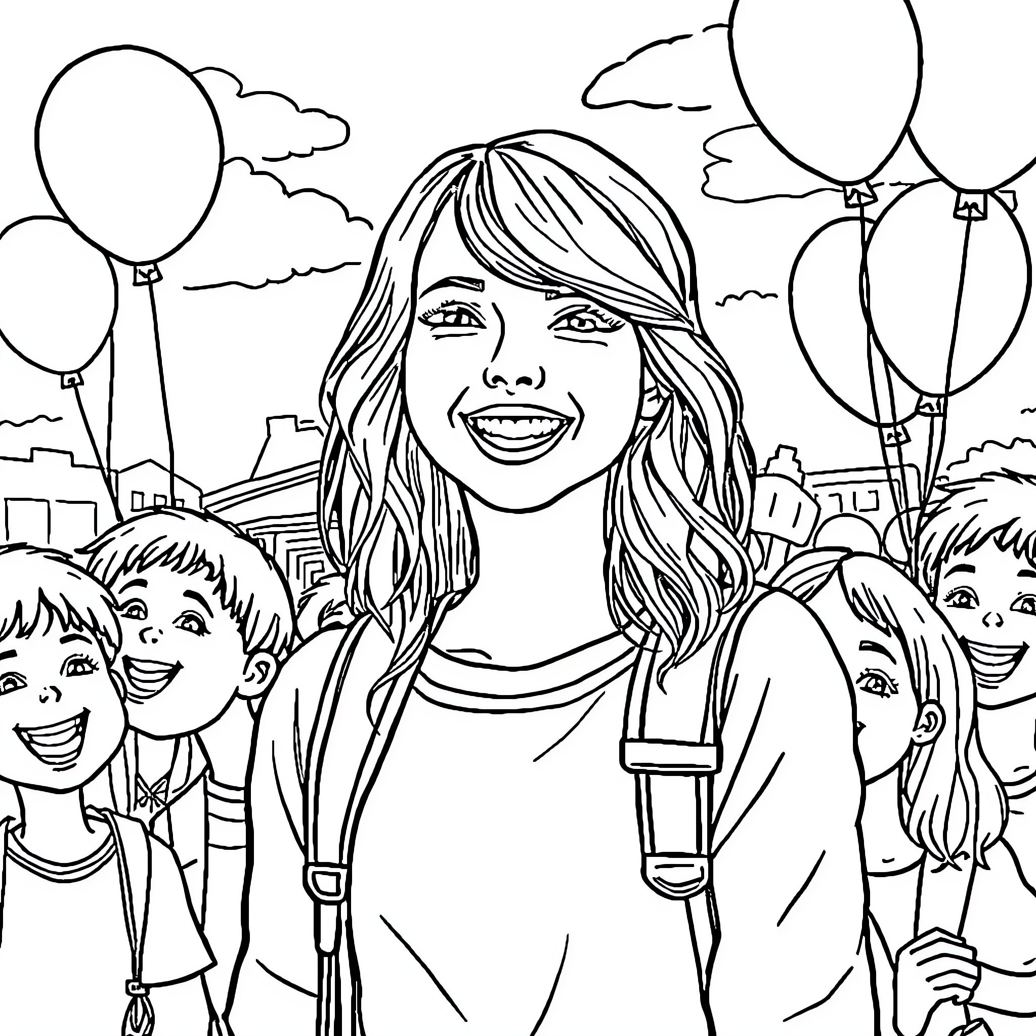 Taylor Swift Celebrates with Joyful Fans and Balloons Coloring Page (free black-and-white line drawing printable PDF for all, from beginners to advanced learners, including children, teens, adults, and seniors)