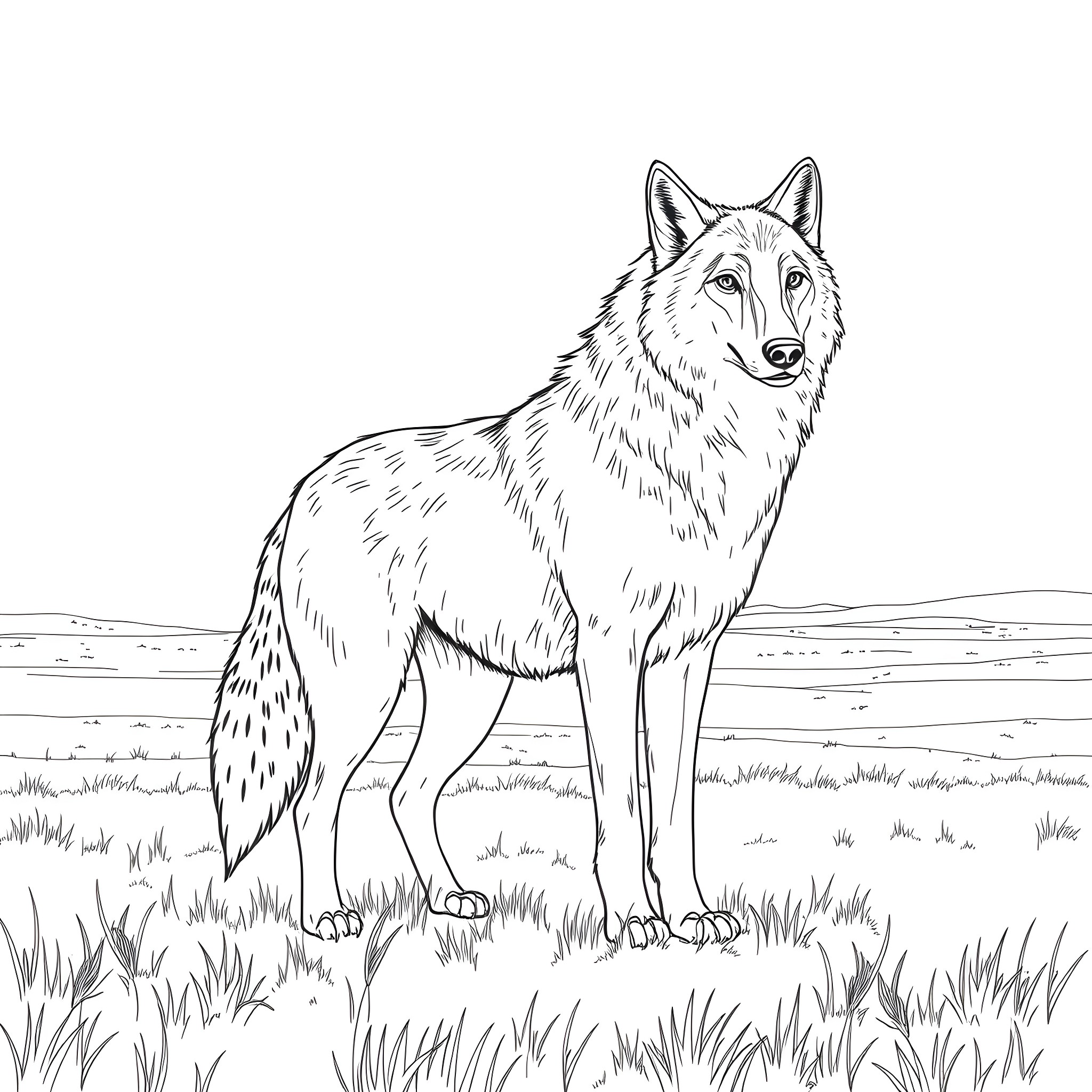 Wolf standing alert in the wilderness Coloring Page (free black-and-white line drawing printable PDF for all, from beginners to advanced learners, including children, teens, adults, and seniors)