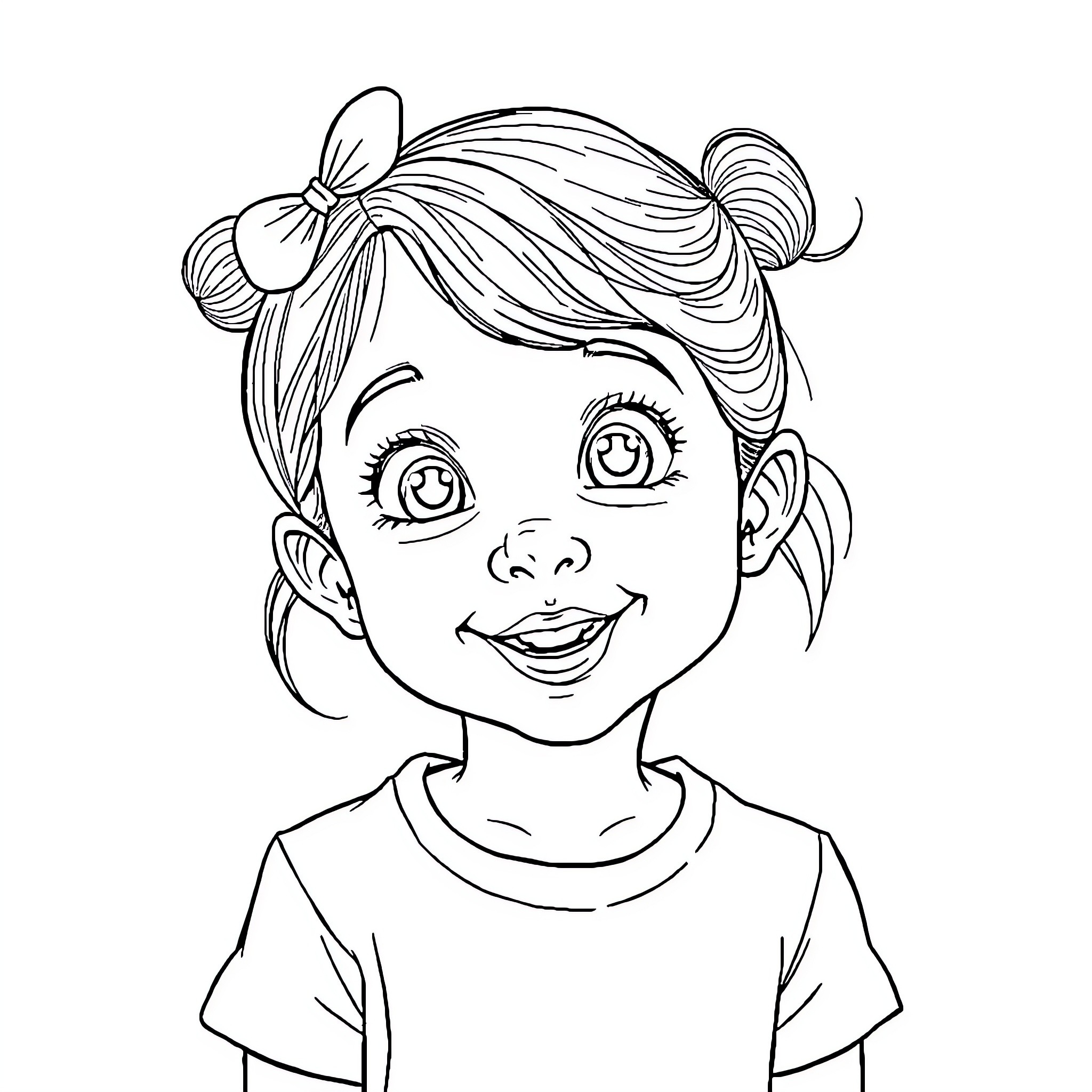 Girl with Whimsical Hairstyle Smiling Cheerfully Coloring Page (free black-and-white line drawing printable PDF for all, from beginners to advanced learners, including children, teens, adults, and seniors)