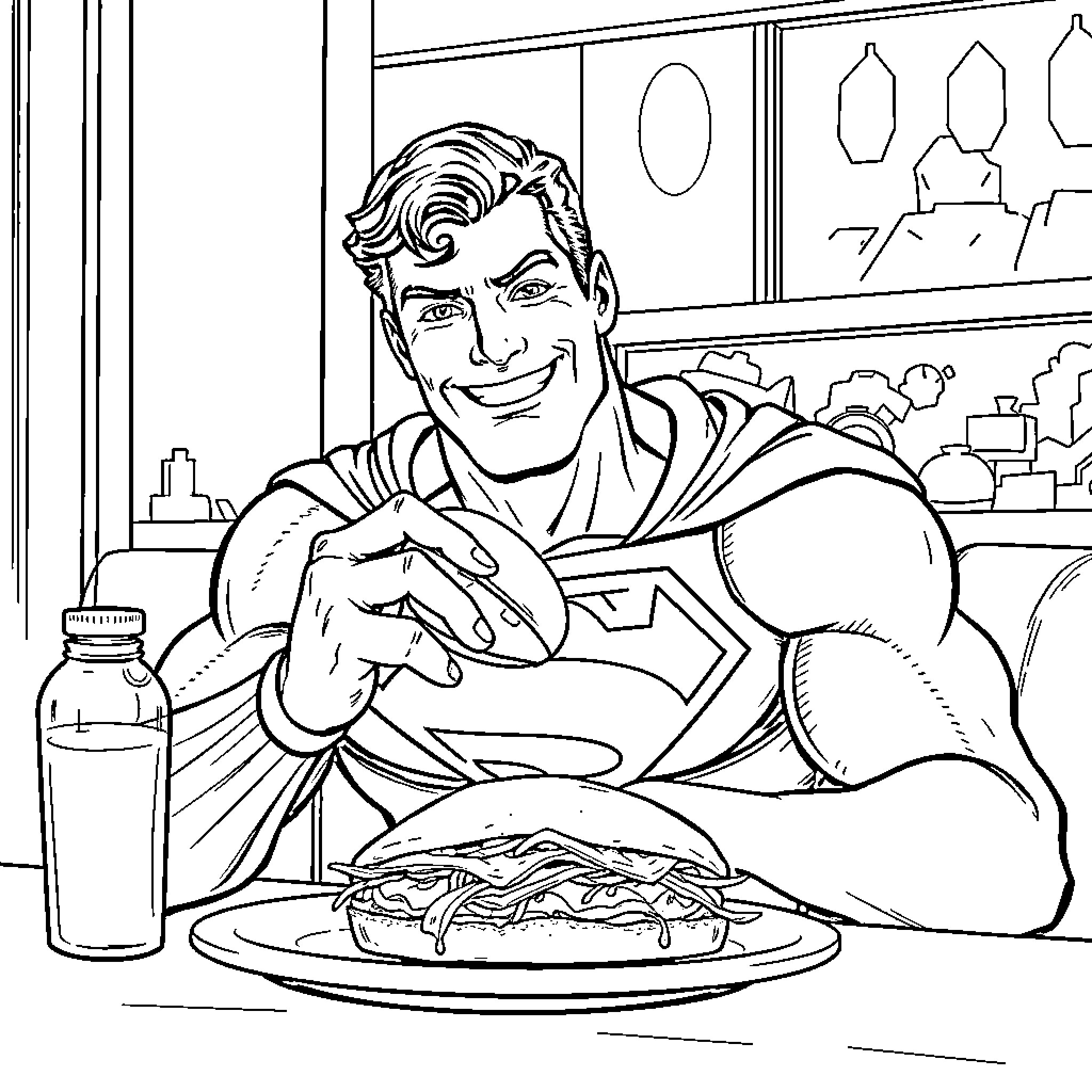 Superman Enjoying a Hearty Meal Coloring Page (free black-and-white line drawing printable PDF for all, from beginners to advanced learners, including children, teens, adults, and seniors)
