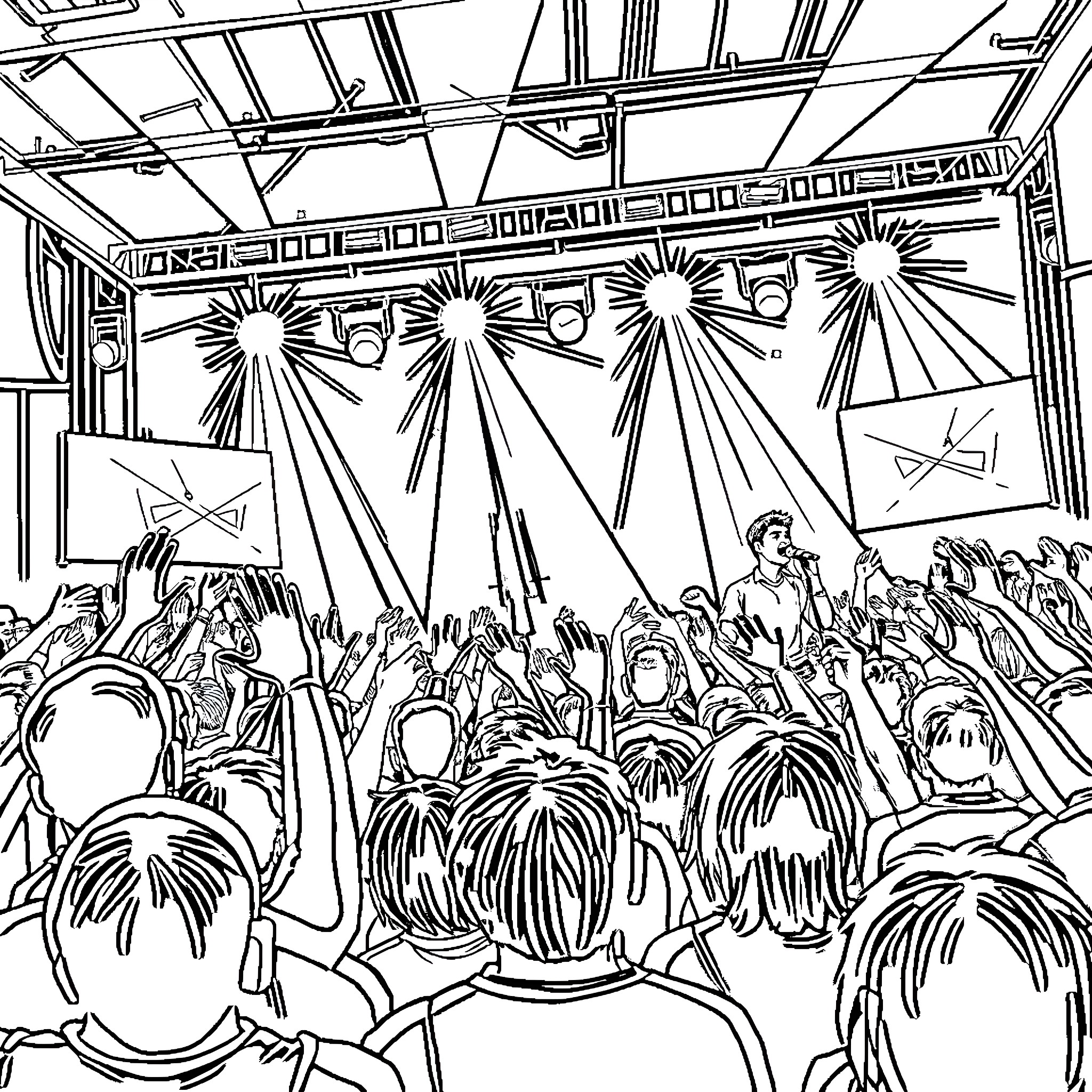 Jonas Brothers Performing on Stage for Enthusiastic Crowd Coloring Page (free black-and-white line drawing printable PDF for all, from beginners to advanced learners, including children, teens, adults, and seniors)