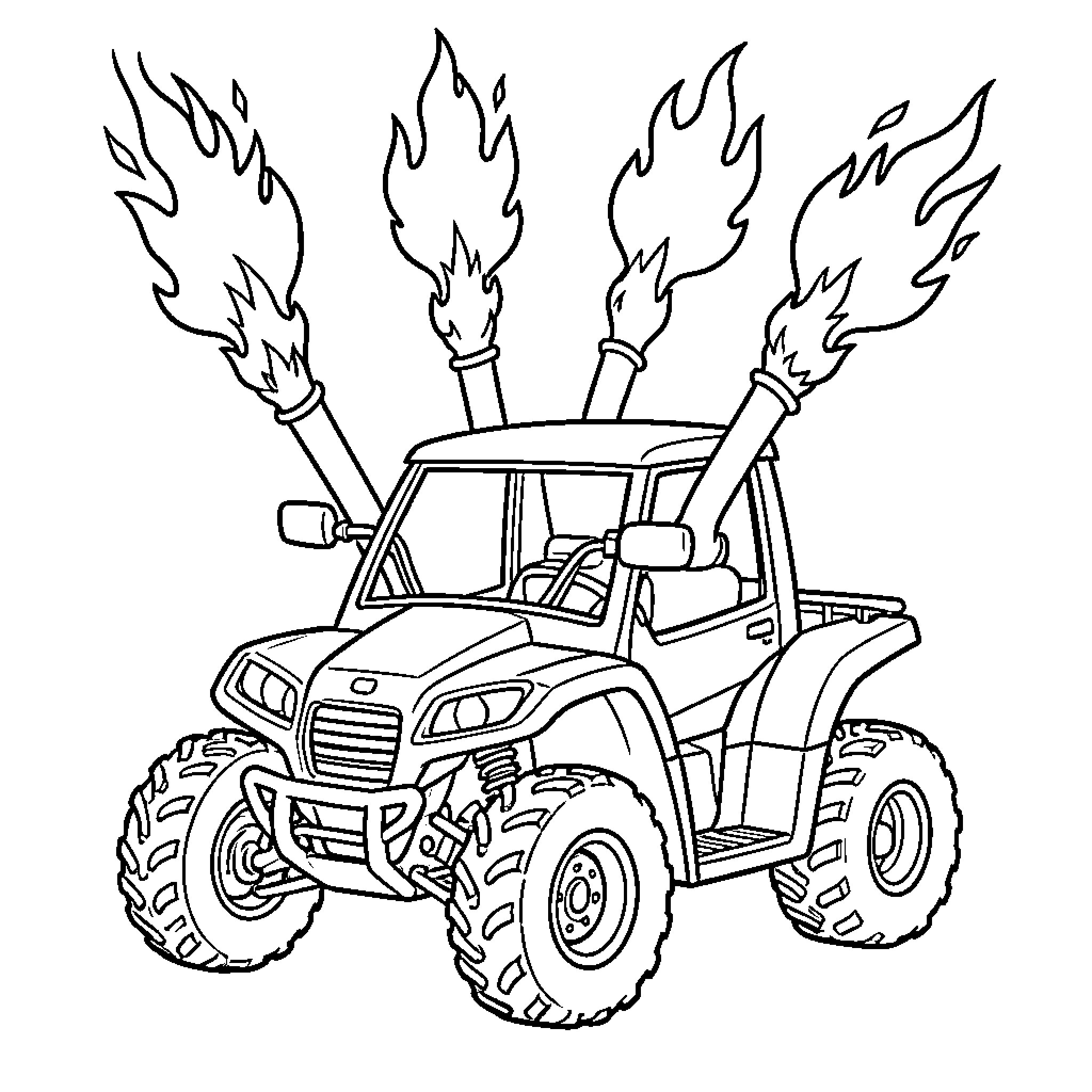 ATV with Flames on Wheels Coloring Page (free black-and-white line drawing printable PDF for all, from beginners to advanced learners, including children, teens, adults, and seniors)