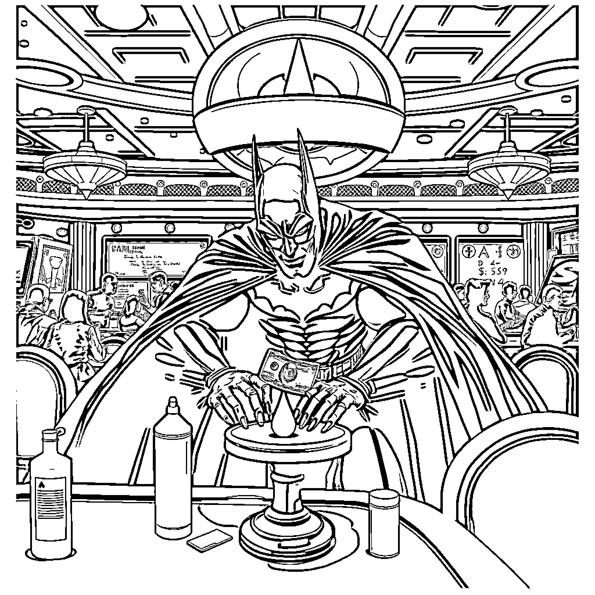 Batman in Dramatic Sci-Fi Setting Coloring Page (free black-and-white line drawing printable PDF for all, from beginners to advanced learners, including children, teens, adults, and seniors)
