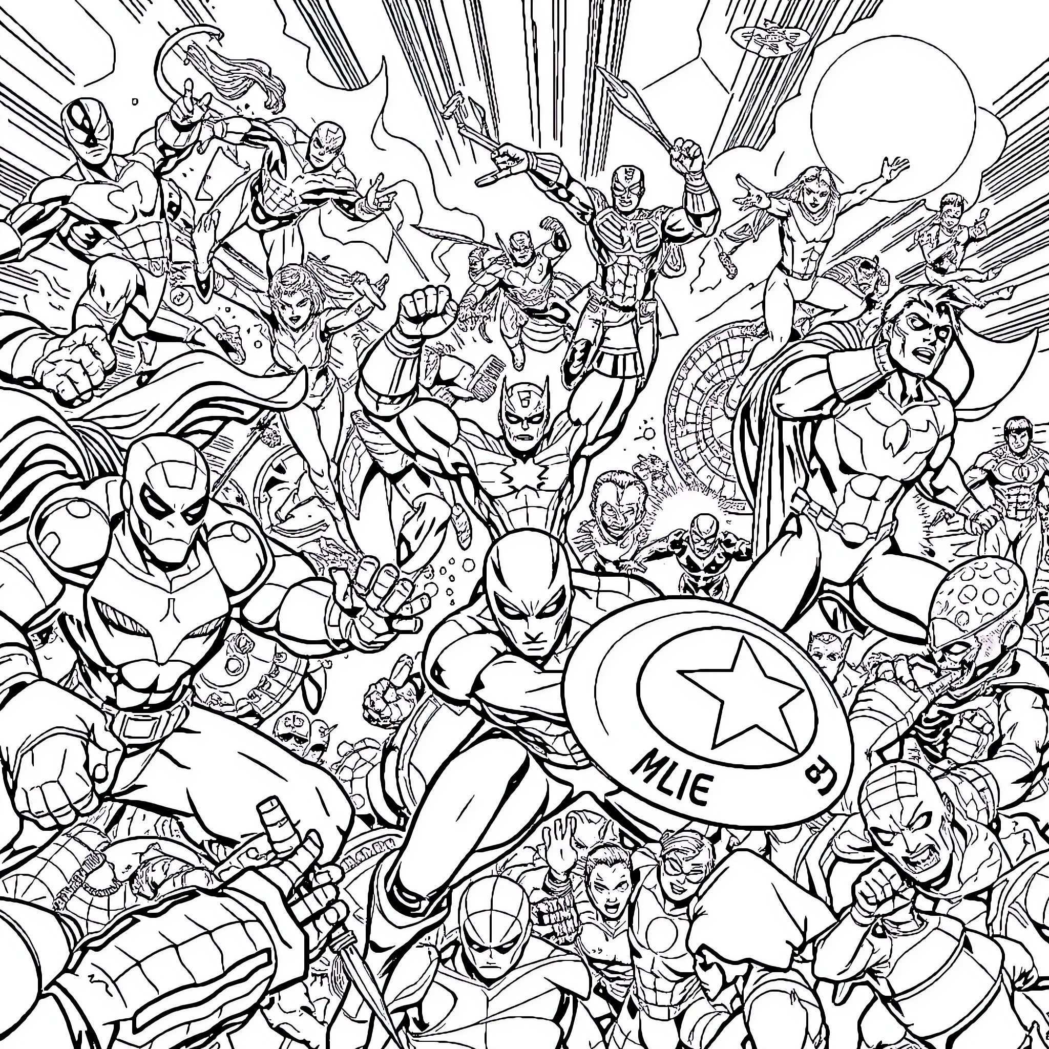 Marvel Heroes Assemble in Epic Showdown Coloring Page (free black-and-white line drawing printable PDF for all, from beginners to advanced learners, including children, teens, adults, and seniors)