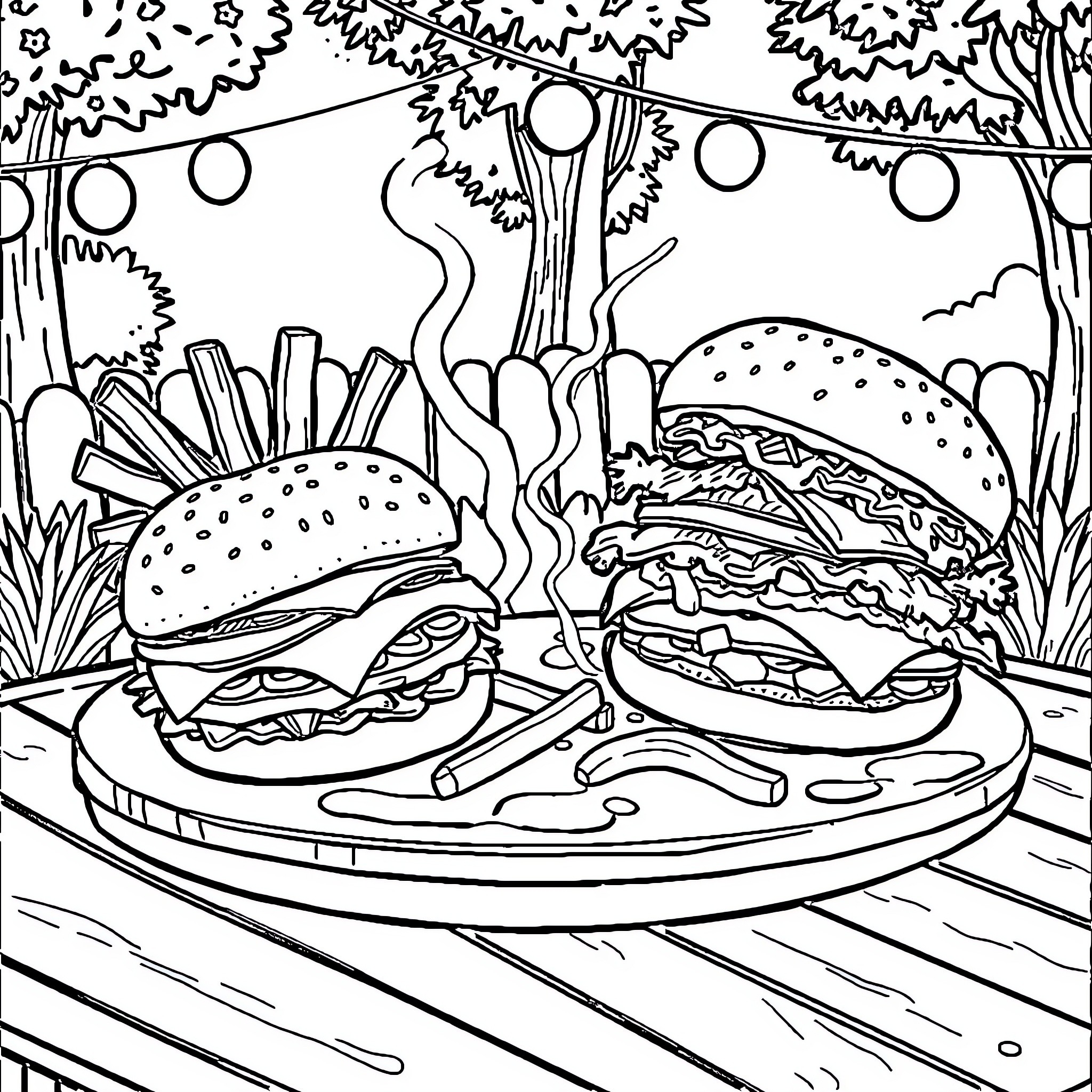 Fries and burgers in an outdoor setting Coloring Page (free black-and-white line drawing printable PDF for all, from beginners to advanced learners, including children, teens, adults, and seniors)