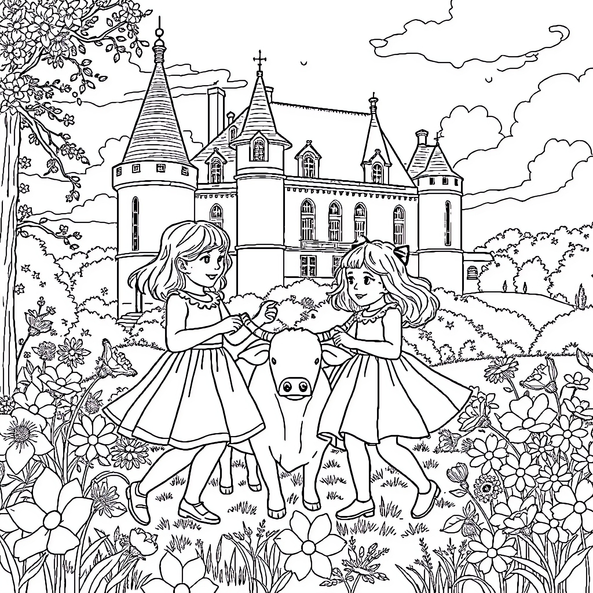 Girls playing joyfully in castle garden Coloring Page (free black-and-white line drawing printable PDF for all, from beginners to advanced learners, including children, teens, adults, and seniors)