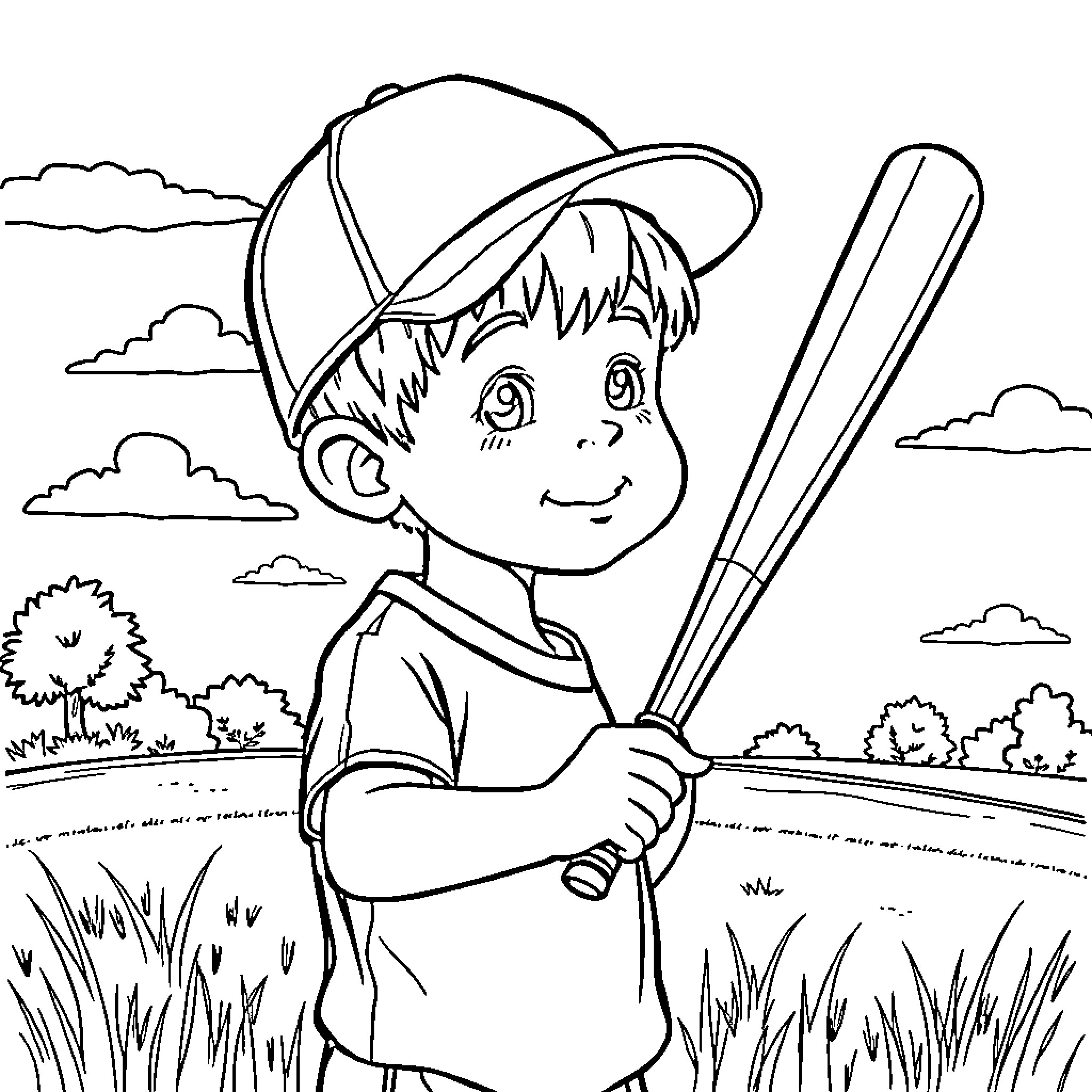 Baseball Kid Ready to Play on the Field Coloring Page (free black-and-white line drawing printable PDF for all, from beginners to advanced learners, including children, teens, adults, and seniors)