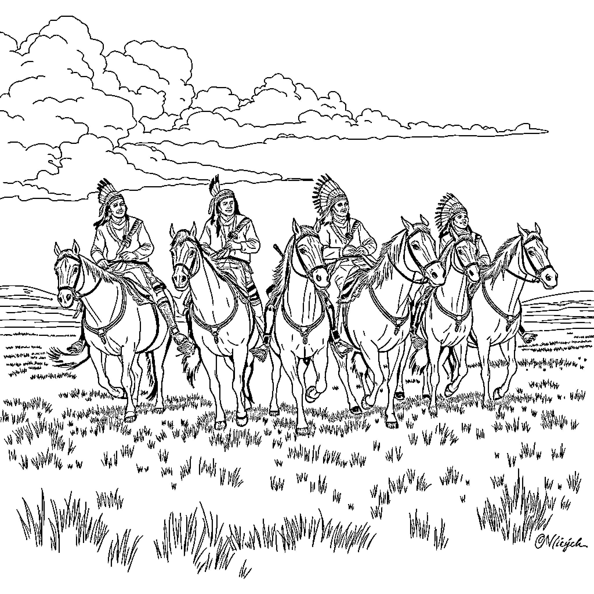 Chief and Warriors Riding Horses in Grasslands Coloring Page (free black-and-white line drawing printable PDF for all, from beginners to advanced learners, including children, teens, adults, and seniors)