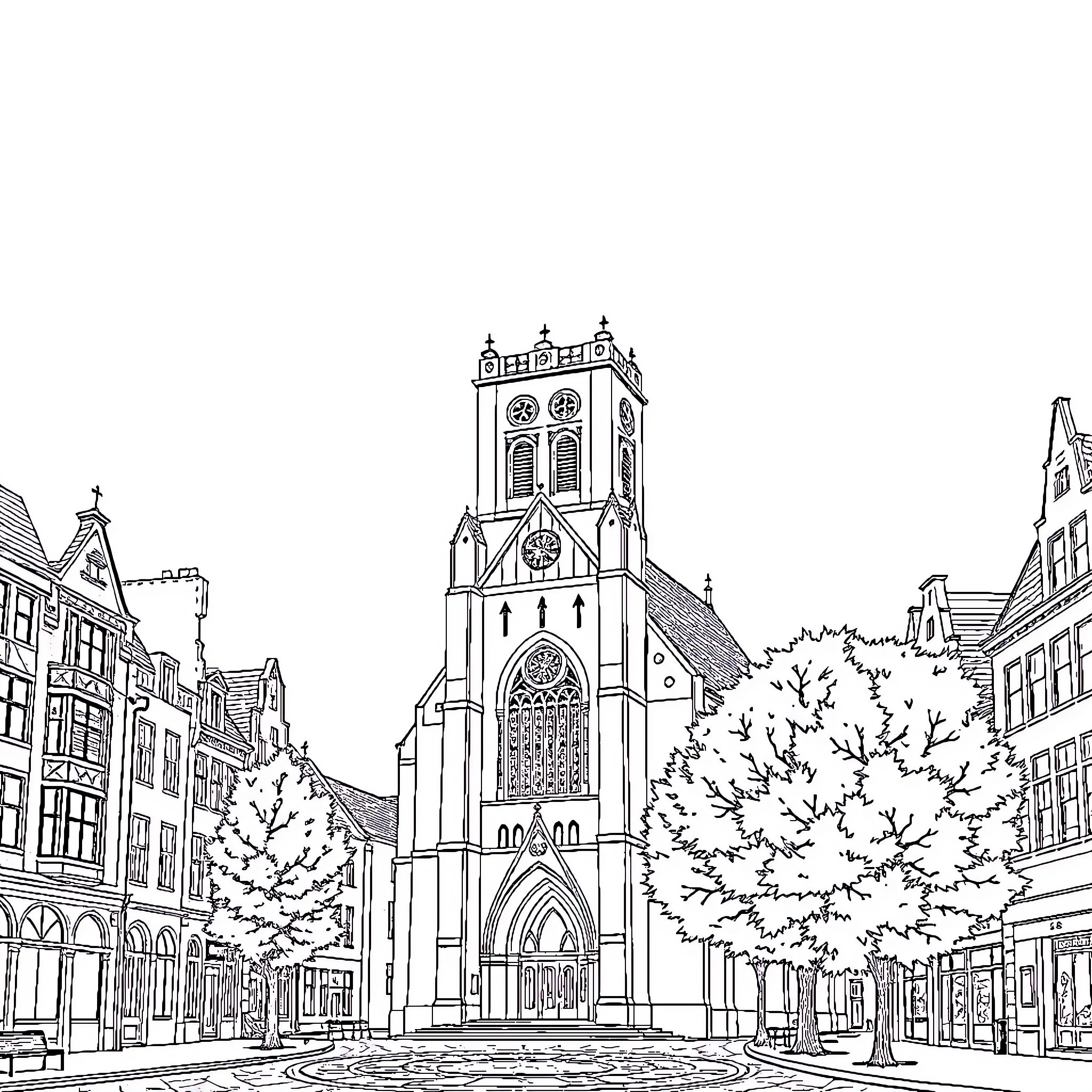 Church with Gothic Architecture in Historic City Coloring Page (free black-and-white line drawing printable PDF for all, from beginners to advanced learners, including children, teens, adults, and seniors)
