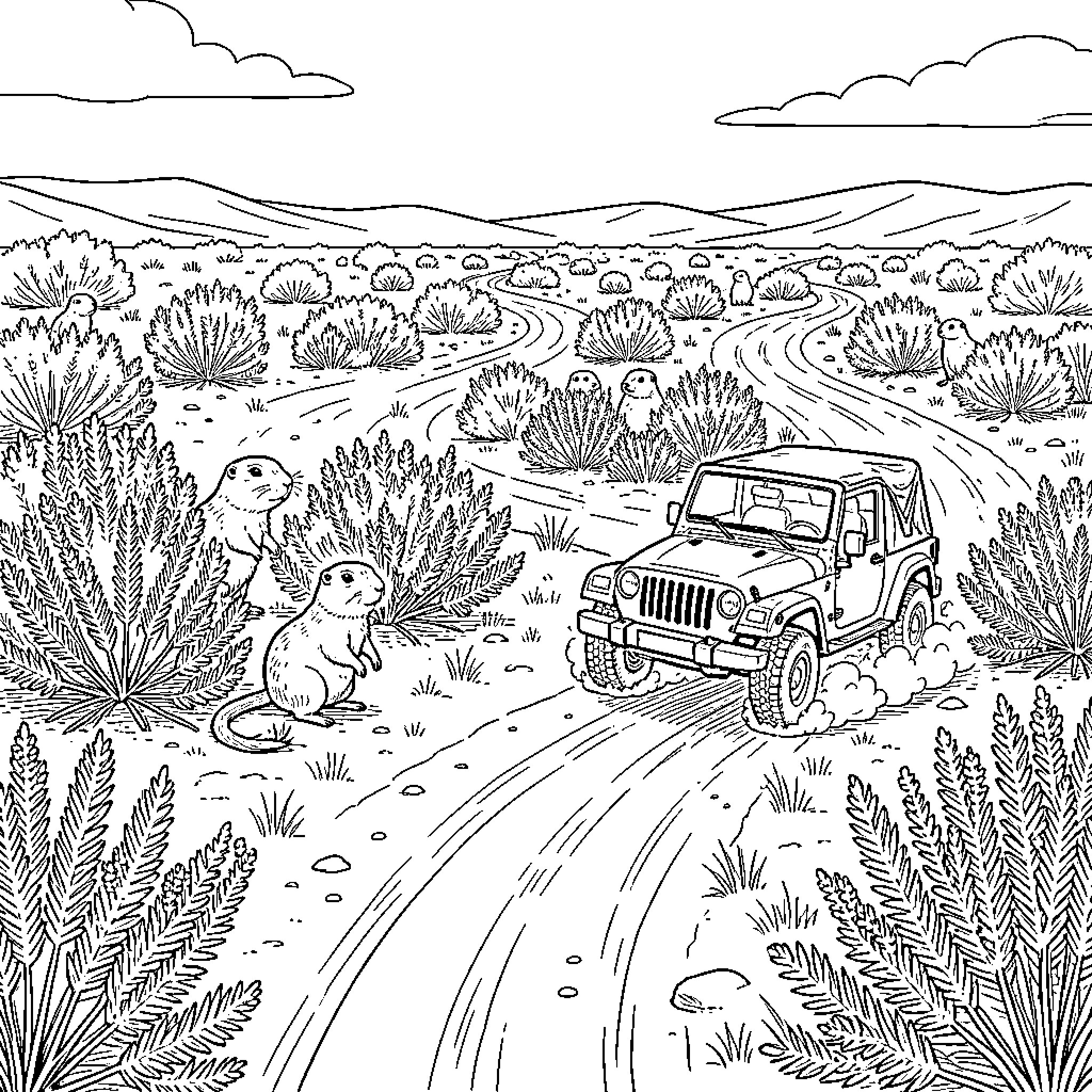 Prairie Dog Watching Jeep Drive Through Rugged Landscape Coloring Page (free black-and-white line drawing printable PDF for all, from beginners to advanced learners, including children, teens, adults, and seniors)