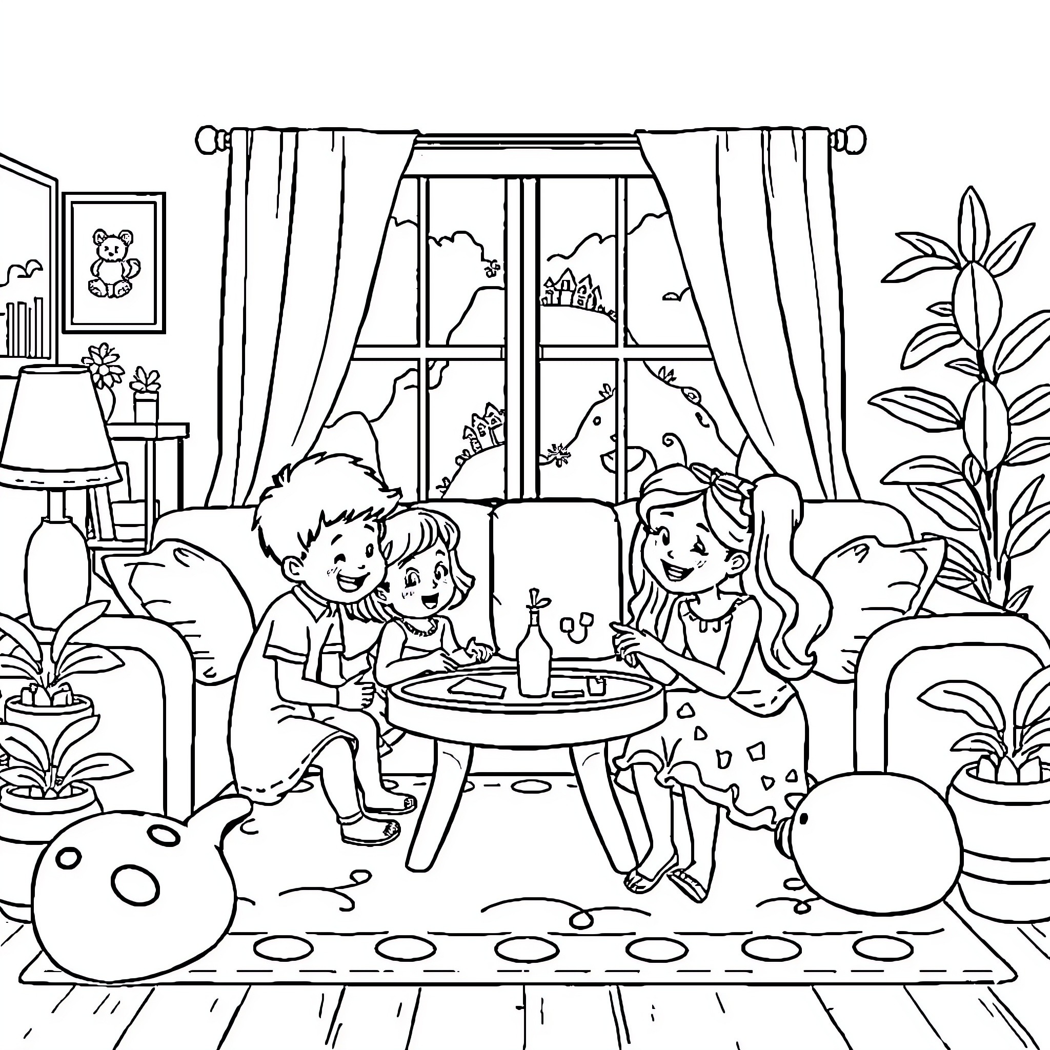Bluey and friends exploring their cozy indoor space Coloring Page (free black-and-white line drawing printable PDF for all, from beginners to advanced learners, including children, teens, adults, and seniors)