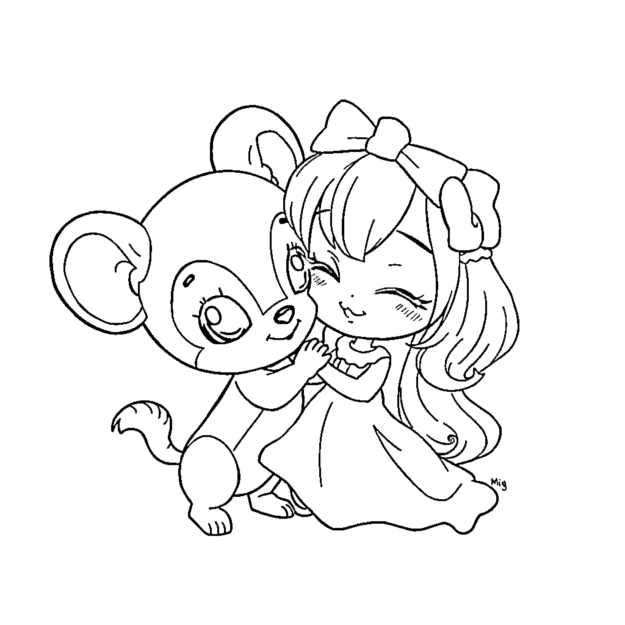 Mini Adorable Girl with Teddy Bear Coloring Page (free black-and-white line drawing printable PDF for all, from beginners to advanced learners, including children, teens, adults, and seniors)