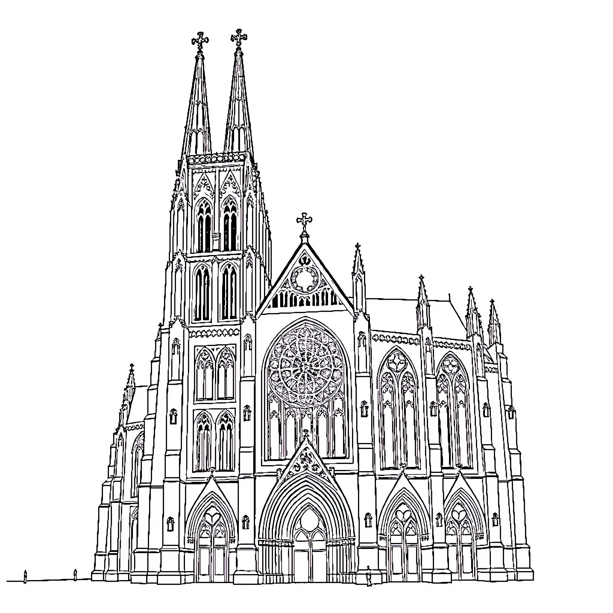 Cathedral with ornate gothic architecture and spires Coloring Page (free black-and-white line drawing printable PDF for all, from beginners to advanced learners, including children, teens, adults, and seniors)