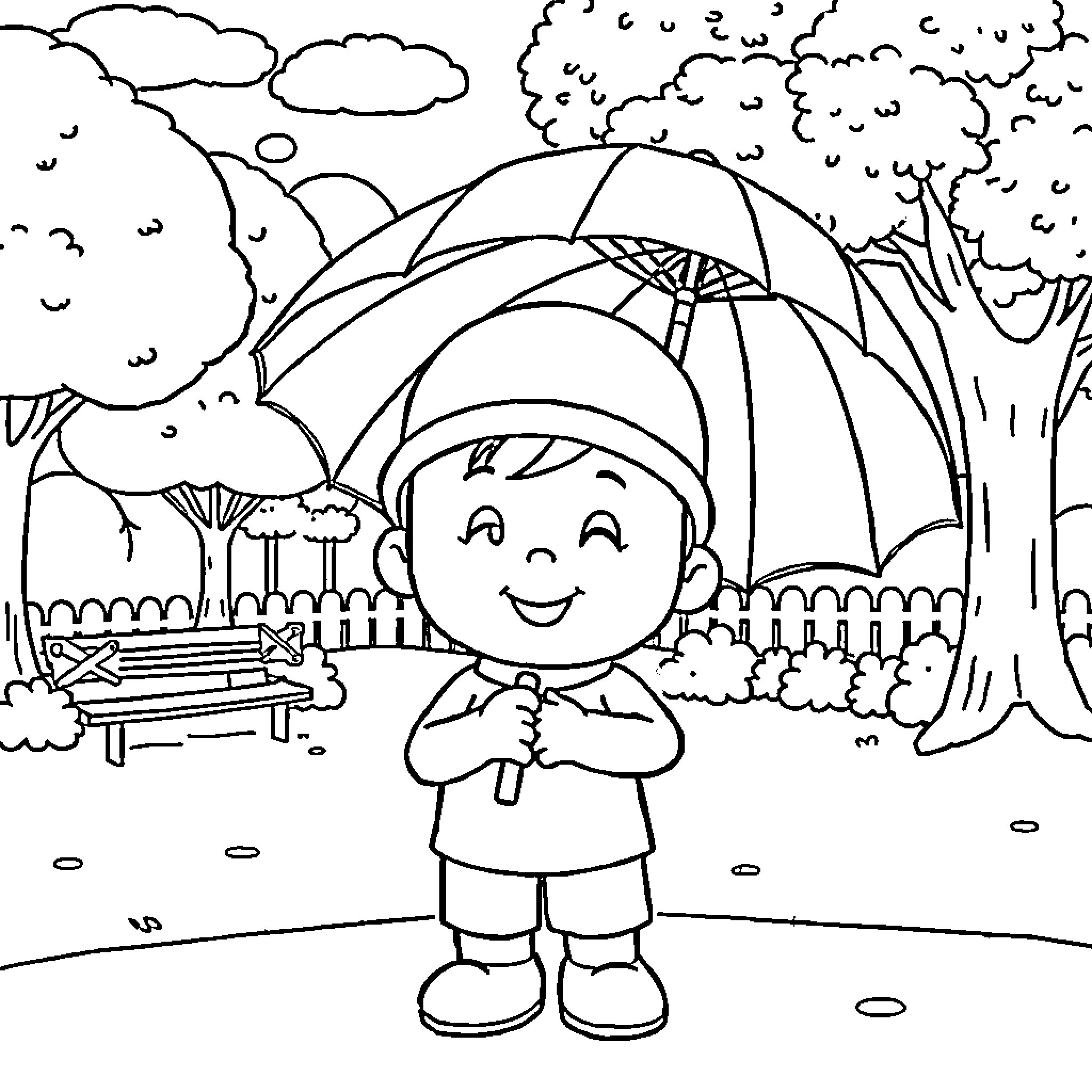 Pocoyo playing happily in the park with umbrella Coloring Page (free black-and-white line drawing printable PDF for all, from beginners to advanced learners, including children, teens, adults, and seniors)