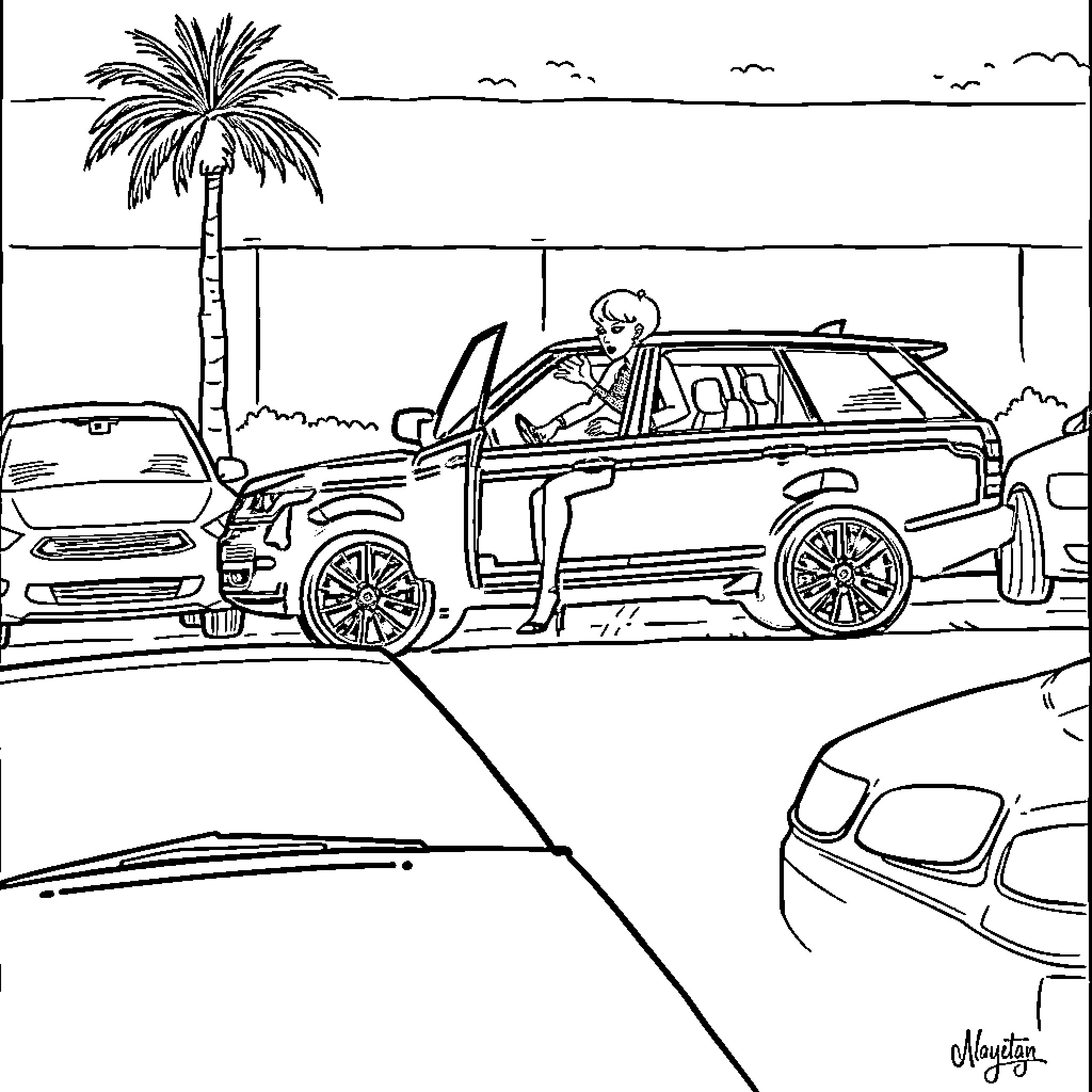 Nene Leakes enjoying a sunny day by the car Coloring Page (free black-and-white line drawing printable PDF for all, from beginners to advanced learners, including children, teens, adults, and seniors)