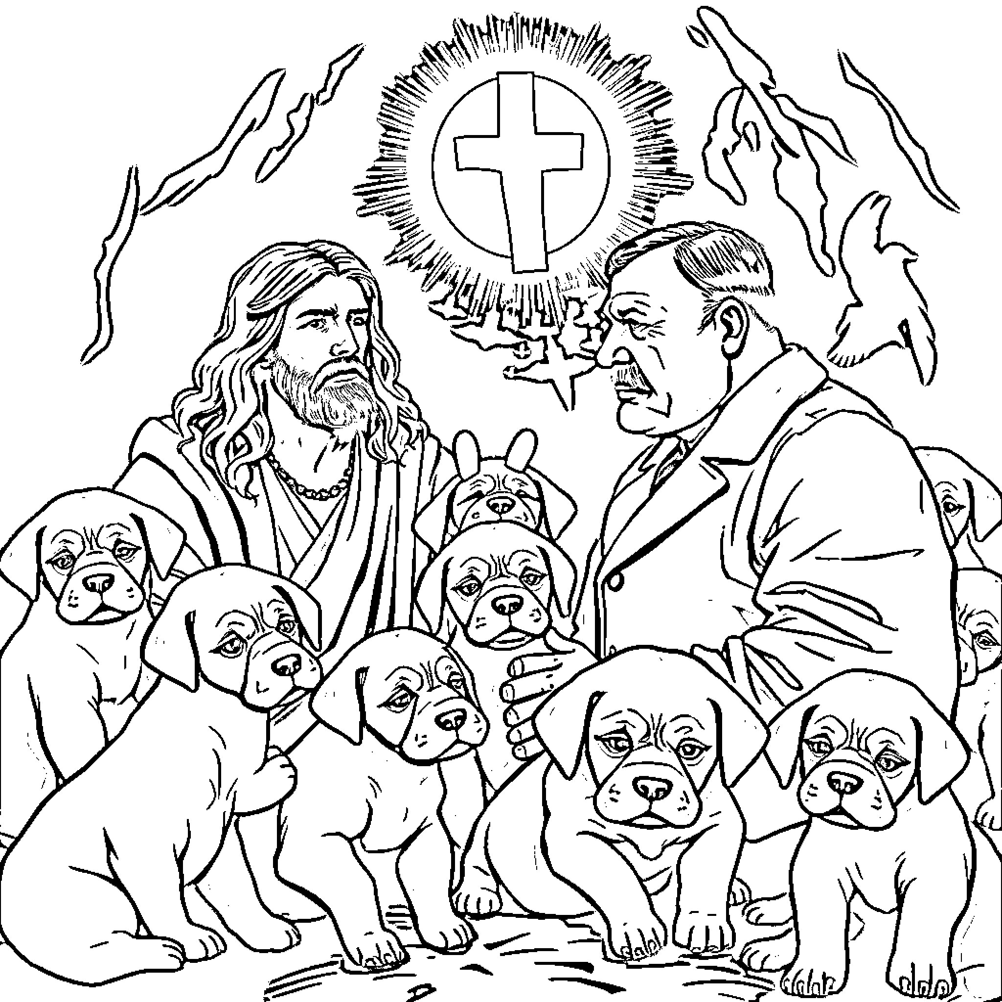 Jesus surrounded by adoring dogs and disciples Coloring Page (free black-and-white line drawing printable PDF for all, from beginners to advanced learners, including children, teens, adults, and seniors)