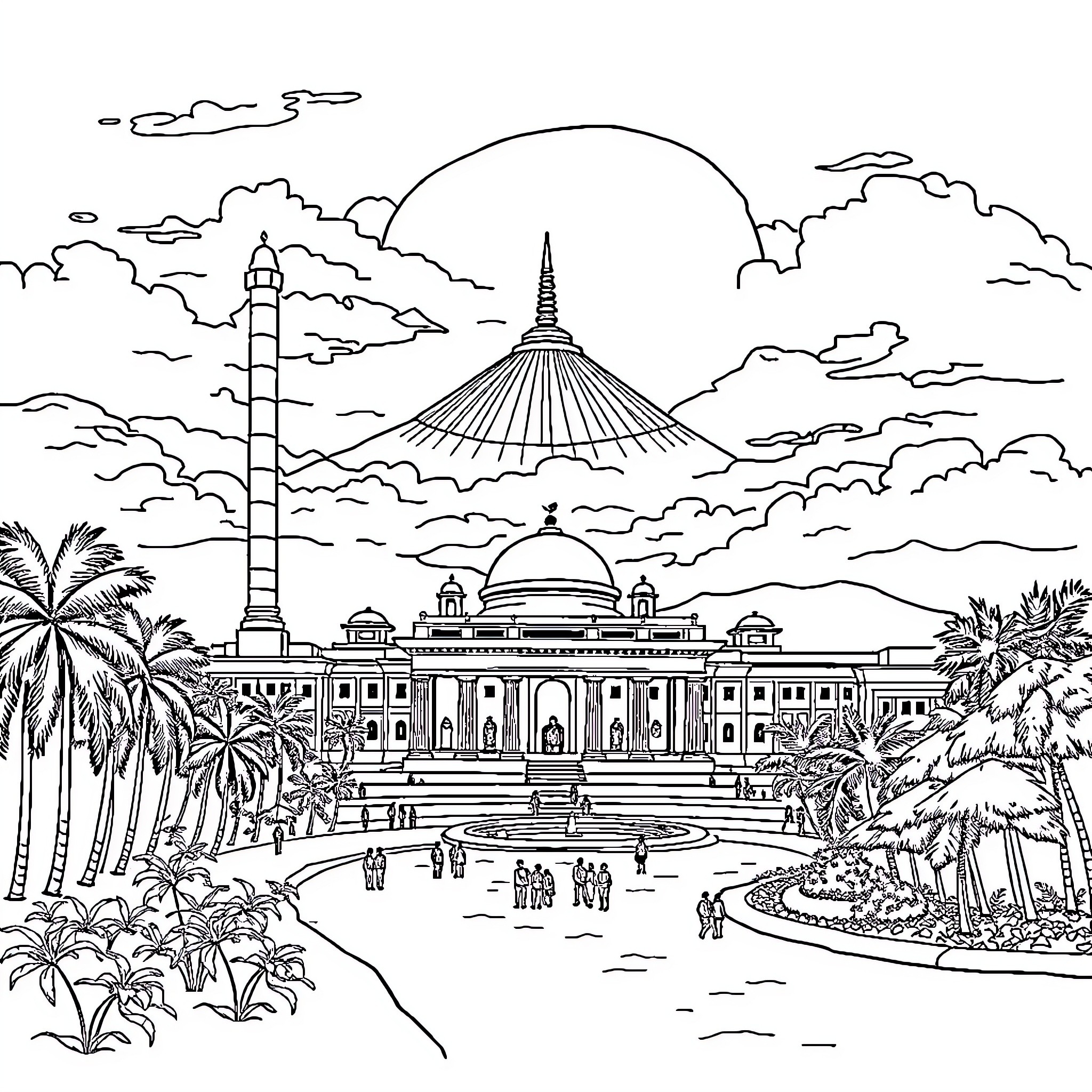 Indonesia's Architectural Splendor in the Sky Coloring Page (free black-and-white line drawing printable PDF for all, from beginners to advanced learners, including children, teens, adults, and seniors)