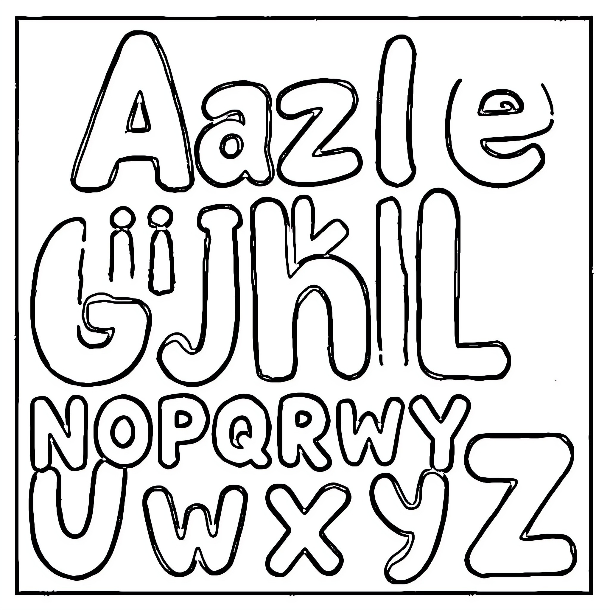 Alphabet of Whimsical Drawn Letters Coloring Page (free black-and-white line drawing printable PDF for all, from beginners to advanced learners, including children, teens, adults, and seniors)