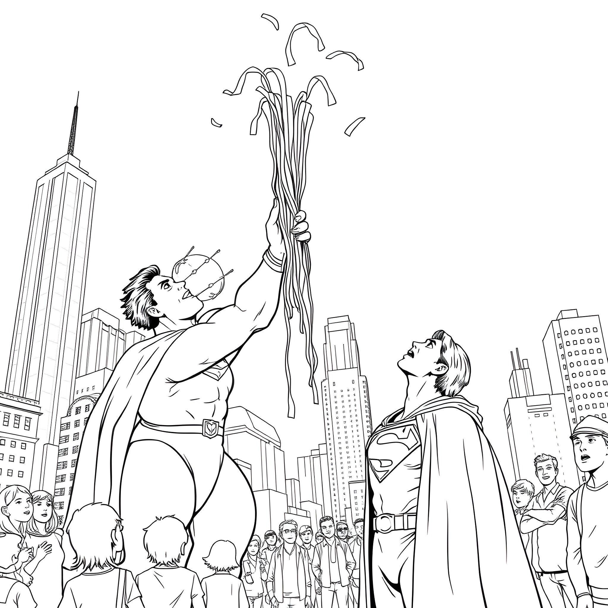 Superman heroically saves the city from disaster Coloring Page (free black-and-white line drawing printable PDF for all, from beginners to advanced learners, including children, teens, adults, and seniors)