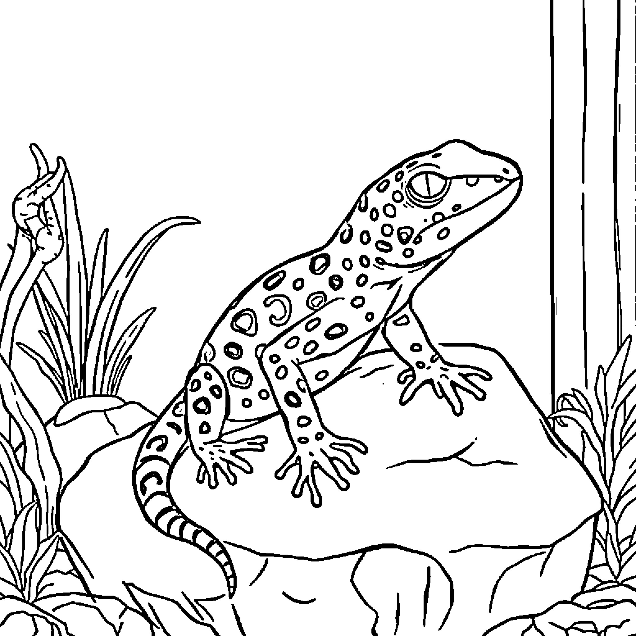 Leopard Gecko exploring the natural habitat Coloring Page (free black-and-white line drawing printable PDF for all, from beginners to advanced learners, including children, teens, adults, and seniors)