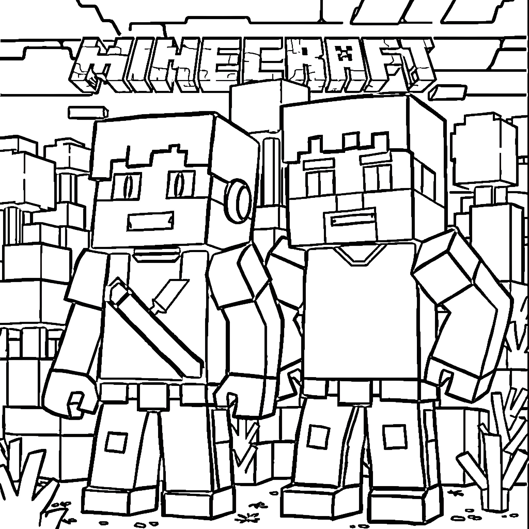 Minecraft Characters Battling in the Blocky World Coloring Page (free black-and-white line drawing printable PDF for all, from beginners to advanced learners, including children, teens, adults, and seniors)