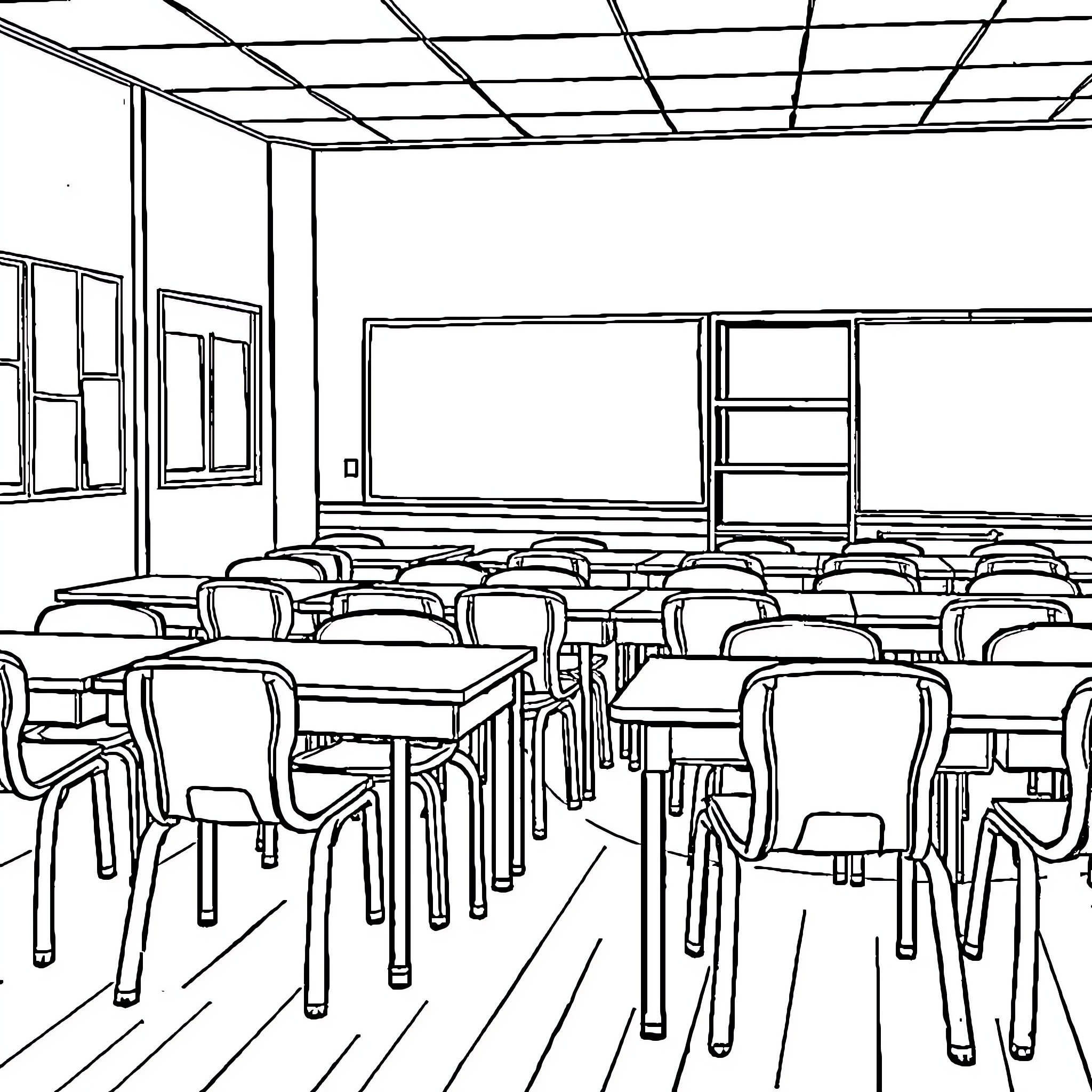 School Furniture in Empty Classroom Coloring Page (free black-and-white line drawing printable PDF for all, from beginners to advanced learners, including children, teens, adults, and seniors)