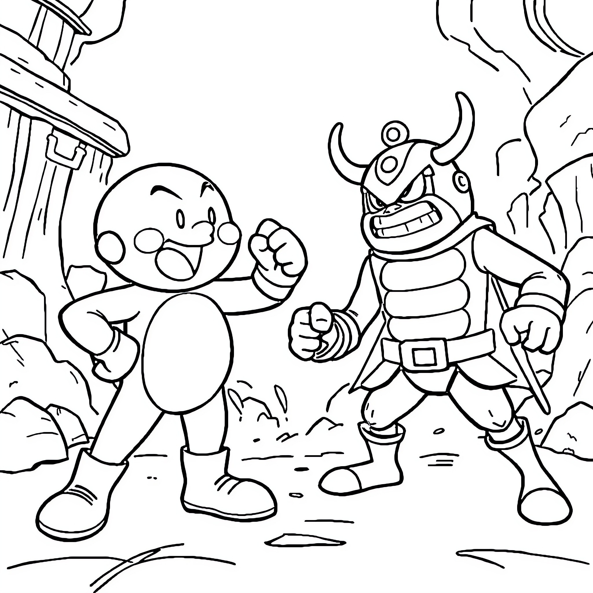 Anpanman and Robot Friend in Friendly Adventure Coloring Page (free black-and-white line drawing printable PDF for all, from beginners to advanced learners, including children, teens, adults, and seniors)