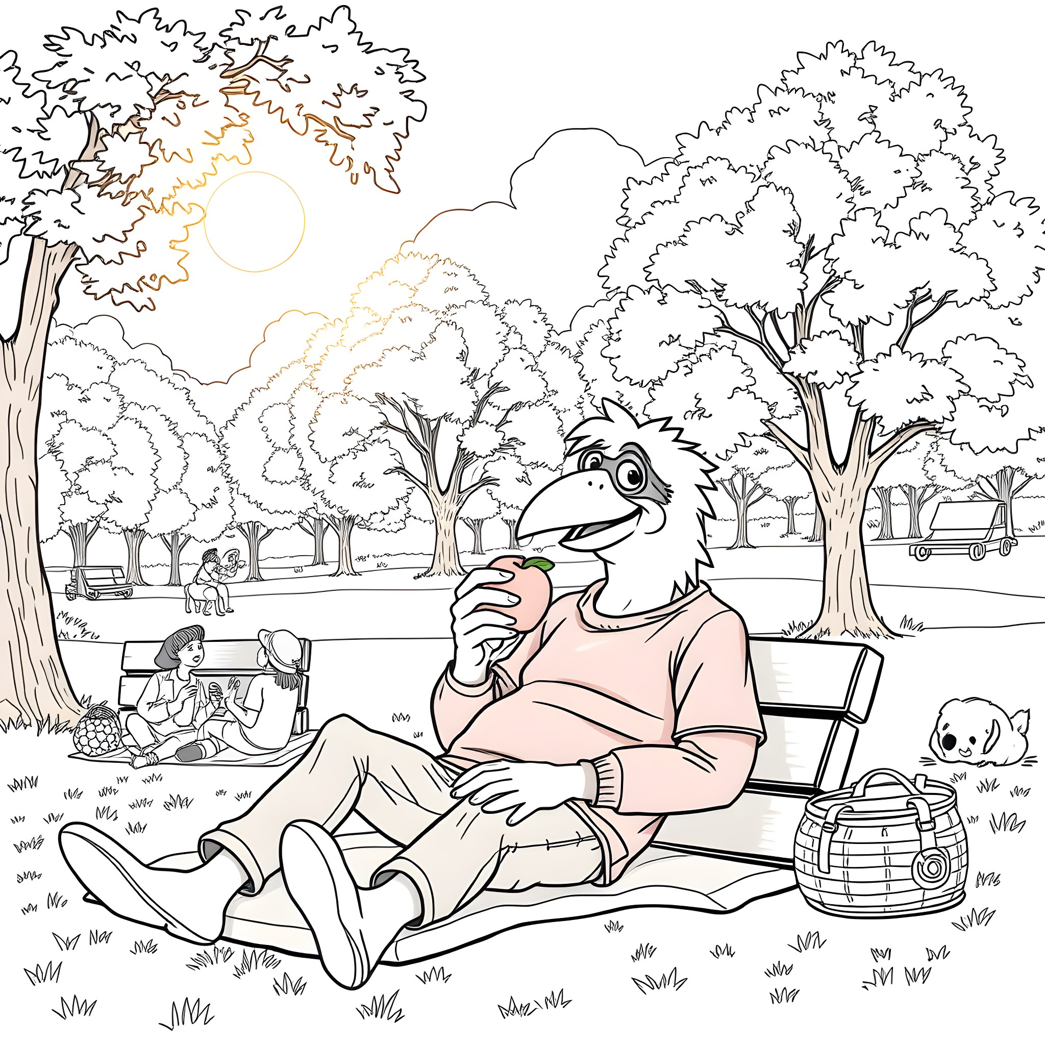 Pete Crow-Armstrong relaxing in a scenic park Coloring Page (free black-and-white line drawing printable PDF for all, from beginners to advanced learners, including children, teens, adults, and seniors)